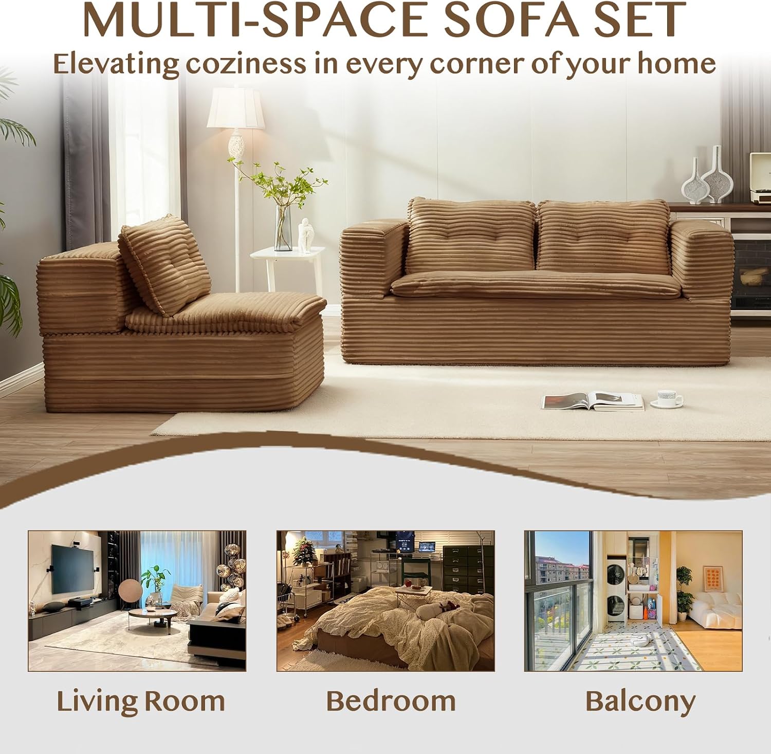 80'' Futon Sofa Bed, King Size Foldable Sleeper Sofa, Corduroy Boneless Loveseat Couch with Chaise Lounge, 3 Pillows, Blanket, Upholstered Sectional Couches for Living Room, Bedroom, Camel