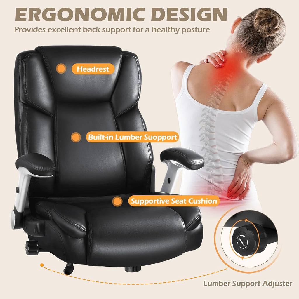 LEMBERI 600 Lbs Big and Tall Office Chair for Heavy People, Ergonomic PU Leather High Back Executive Comfy Computer Chair with Lumbar Support, Heavy Duty Wide Seat Thick Padded Office Chairs (Black)