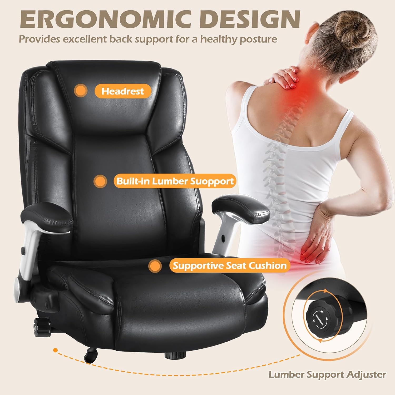 LEMBERI 600 Lbs Big and Tall Office Chair for Heavy People, Ergonomic PU Leather High Back Executive Comfy Computer Chair with Lumbar Support, Heavy Duty Wide Seat Thick Padded Office Chairs (Black)