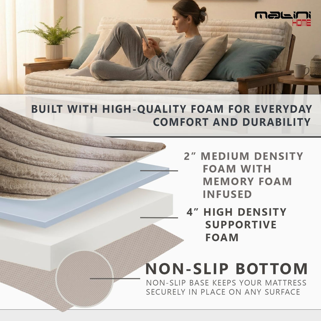 Matini Home Memory Foam Futon Mattress, Foldout Couch Futon Mattress - 6x54x74 (Beige) - Plush Faux Fur Fabric Comfortable and Heavy Duty Sofa Bed, Thick Corded Cushion for All (Frame NOT Included)