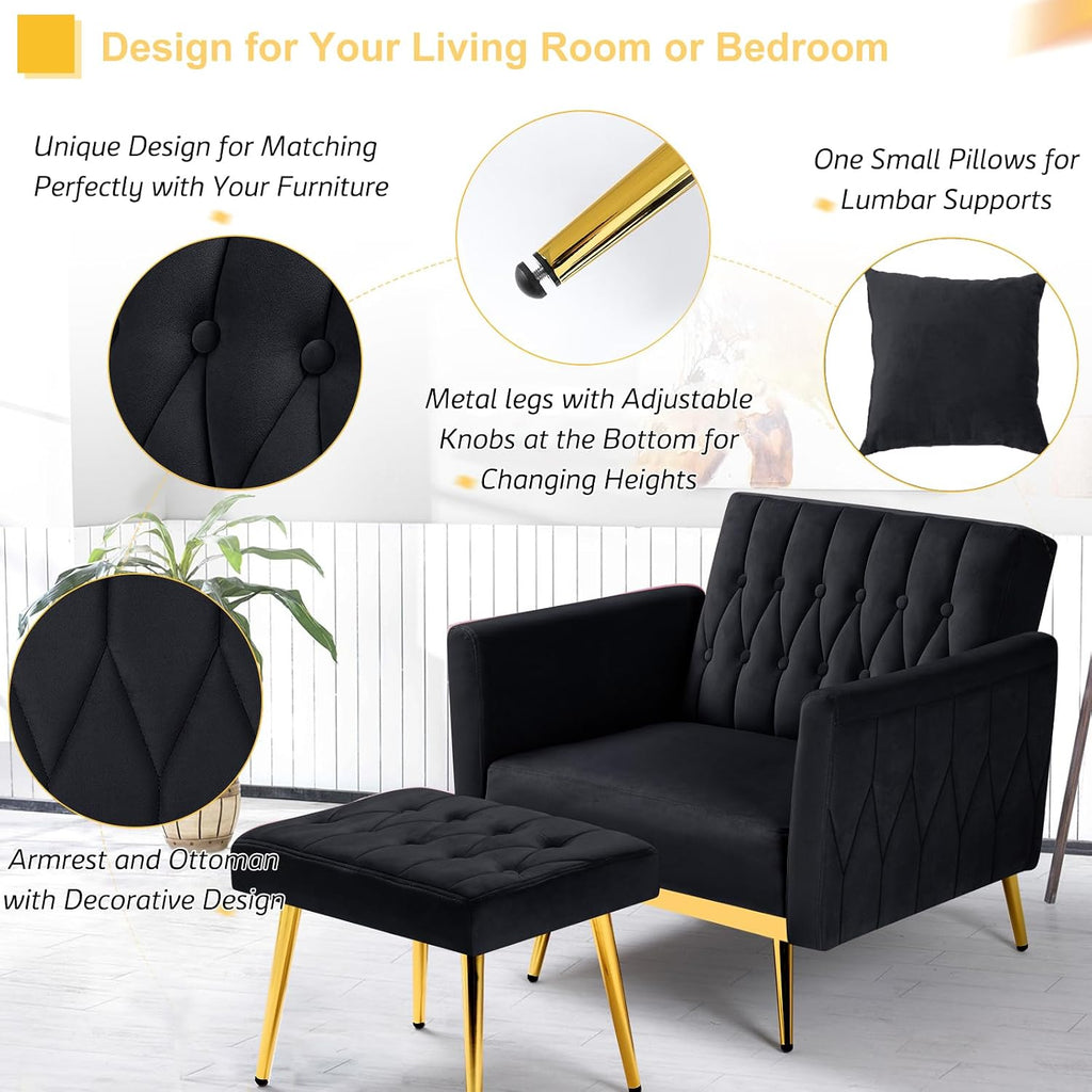 2 Pieces Velvet Sofa Set with Adjustable Armrest and Backrest, 70' Convertible Futon Sofa Bed & Mordern Accent Chair with Ottoman for Living Room, Bedroom, Black
