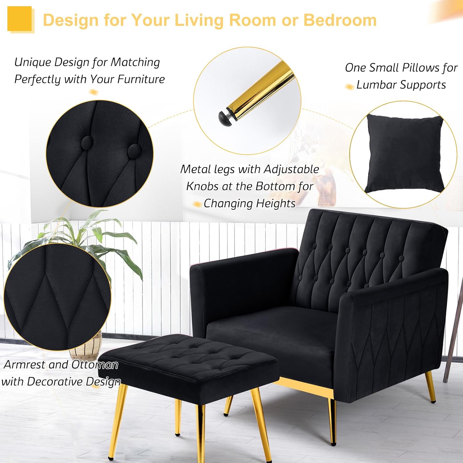 2 Pieces Velvet Sofa Set with Adjustable Armrest and Backrest, 70' Convertible Futon Sofa Bed & Mordern Accent Chair with Ottoman for Living Room, Bedroom, Black