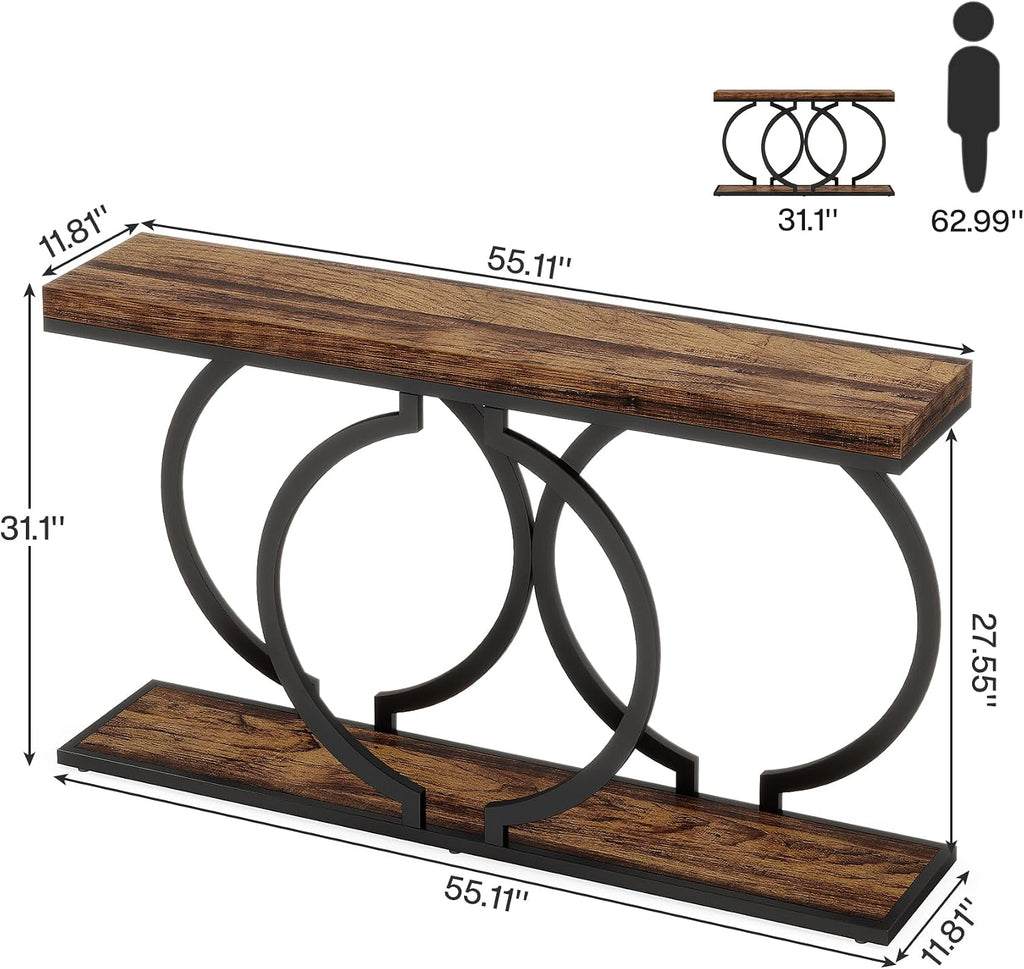 Tribesigns Industrial Console Table, 55 inch Rustic Entryway Table with Geometric Metal Frame, Narrow Wood Accent Sofa Table for Living Room, Entrance, Hallway, Rustic Brown