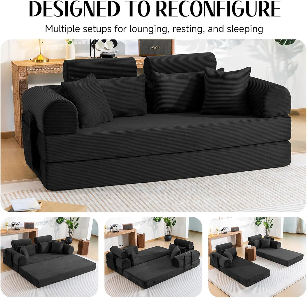 79' Corduroy Sofa Bed Sleeper Couch, 6-in-1 Convertible Boneless Floor Futon Loveseat, High-Density Foam Couch in a Box with 2 Headrest Pillows, No Assembly, Black