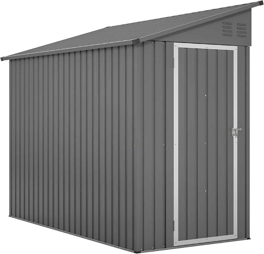 YOPTO 4×8 FT Lean to Metal Shed,Outdoor Heavy-Duty Storage Shed with Floor Base,All Weather Waterproof Garden Tool House W/Lockable Door&2 Air Vents,Reversible Door Design,for Backyard,Patio,Lawn,Gray