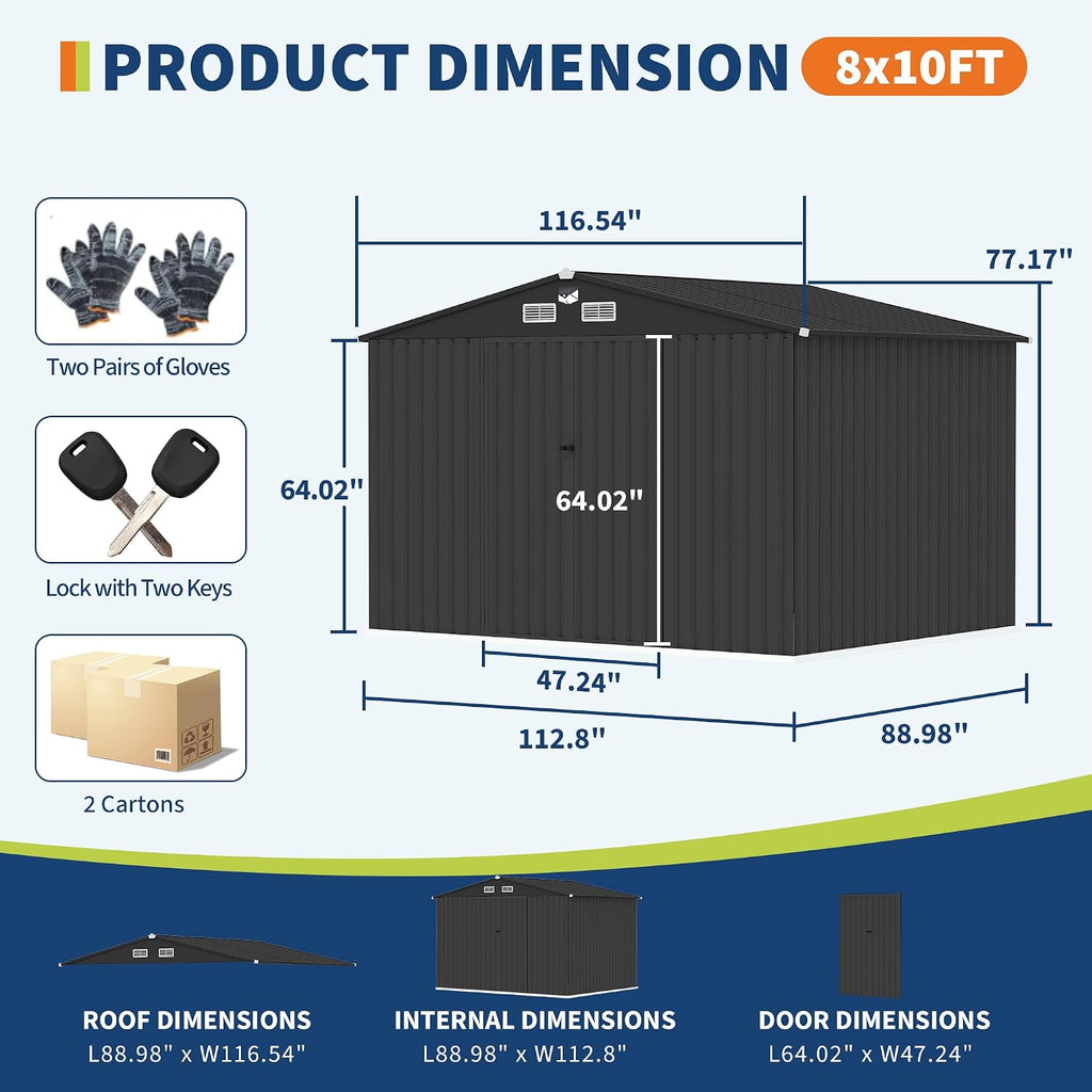 8X10 FT Metal Storage Sheds Outdoor, Metal Yard Sheds Garden Shed Kit, Tool Shed with Lockable Door, Utility Sheds Buildings with Air Vent for Backyard Garden Patio Lawn