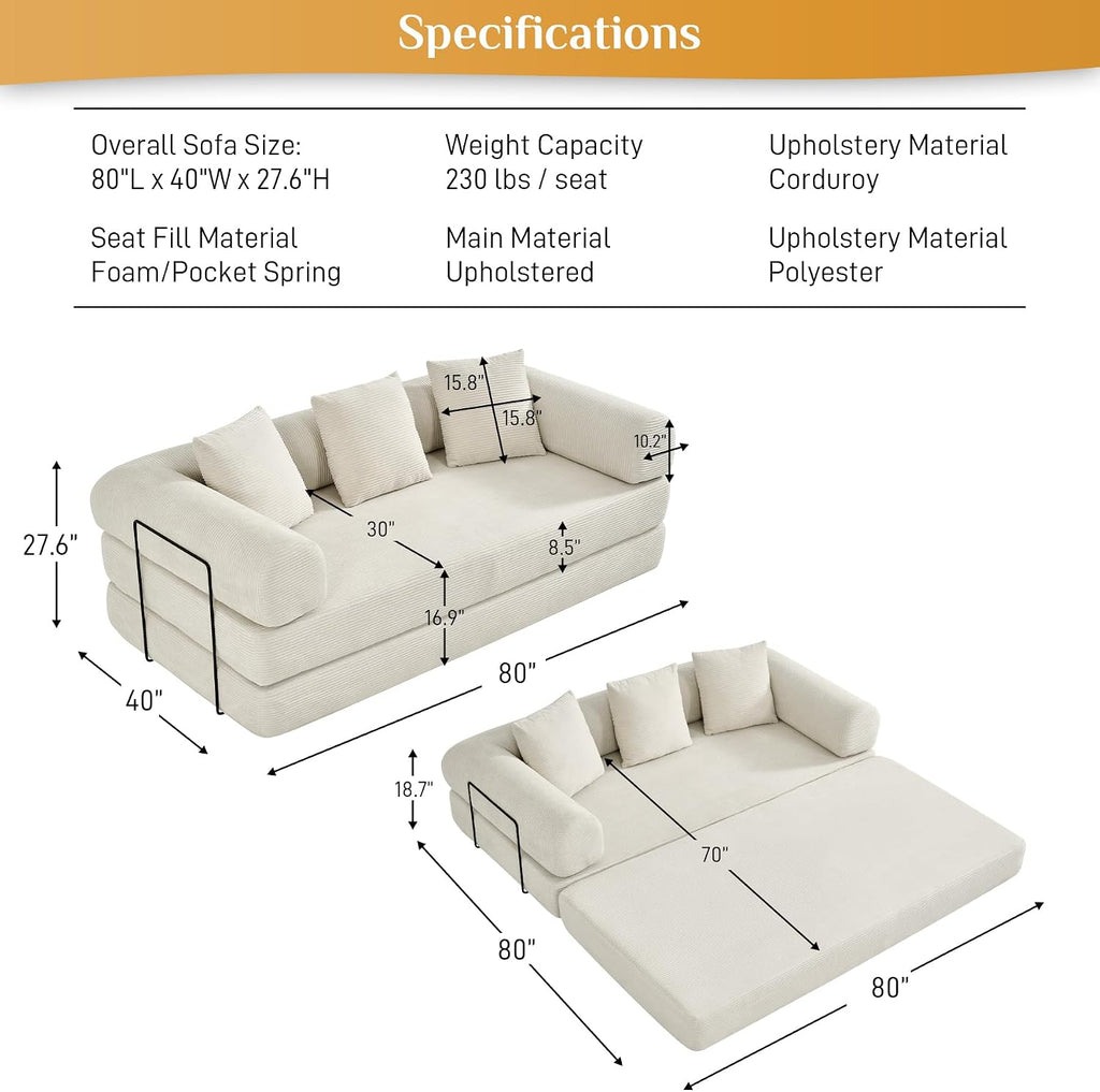DAMAIFROM Convertible Sleeper Sofa Bed with Cylindrical Pillow,Corduroy Folding Mattress Couch with Fixed-Shape Frame,Modular Floor Sofa Lounge Couch for Living Room Bedroom Lounge,80',Beige White