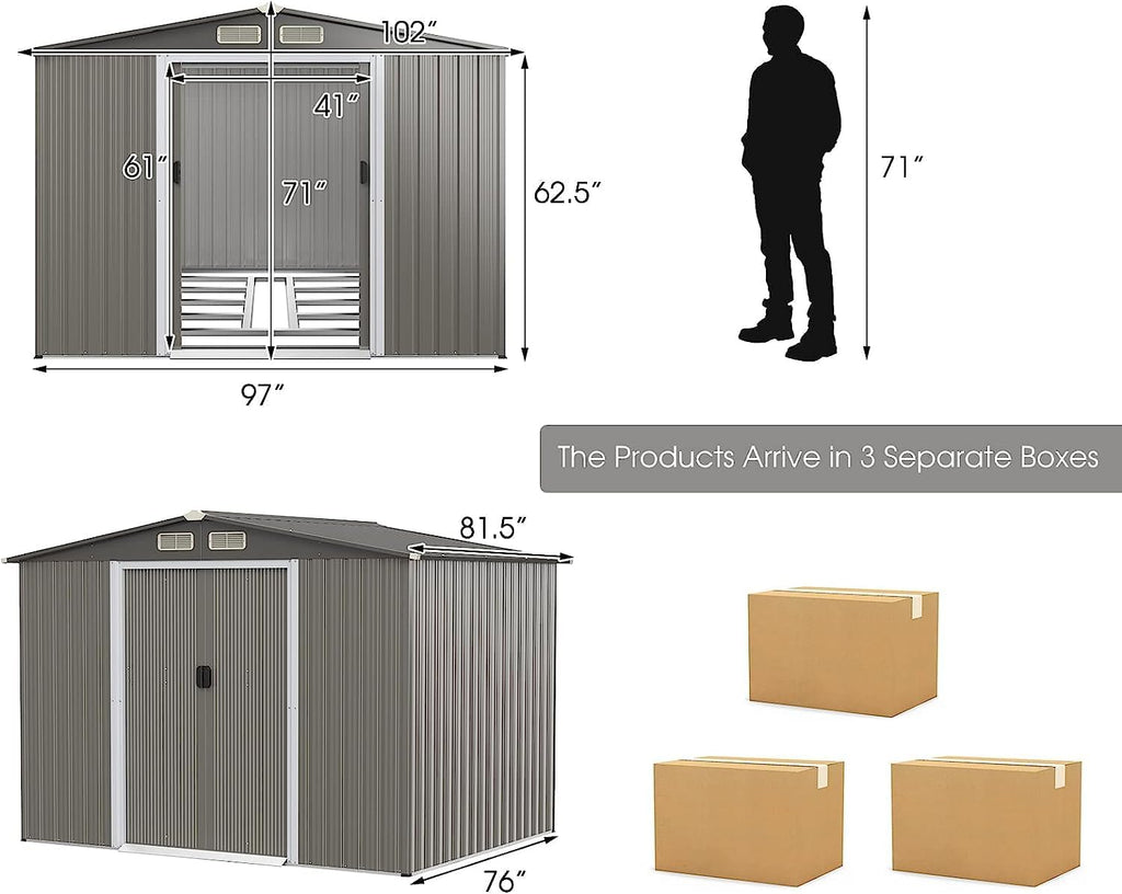 Goplus 8.5' x 6.8' x 6' Outdoor Storage Shed, Weather-Resistant Utility Storage House w/Foundation, 4 Air Vents, Double Doors & Ramp, Galvanized Steel Tool Shed for Garden, Lawn, Patio, Yard