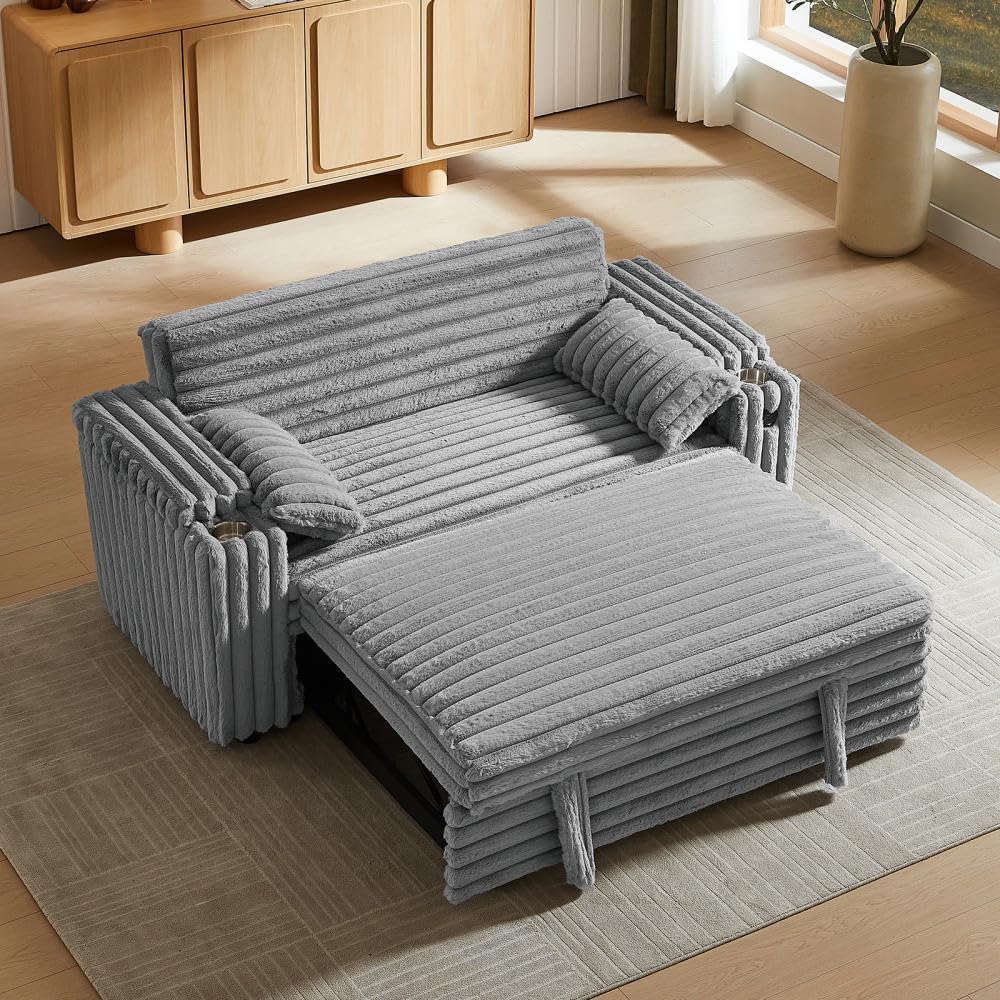 hansones 68.11' Corduroy Sleeper Chair Bed with USB Port, Cup Holders & Side Storage Pockets – 3-in-1 Foldable Sofa Bed for Guest Room, Living Room– Gray