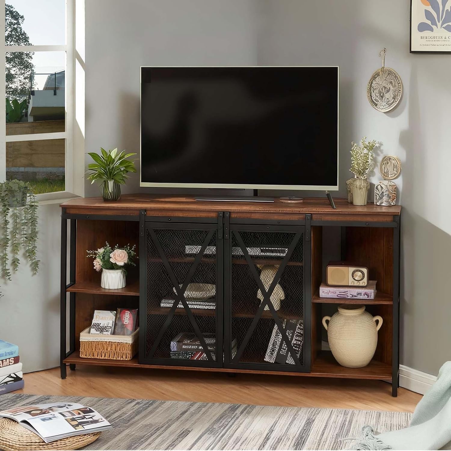 HOMISSUE Corner TV Stand for 55 Inch TV, Rustic Corner Entertainment Center with Storage, Industrial Media Console Table with Sliding Barn Door, Tall TV Cabinets Center for Living Room, Brown