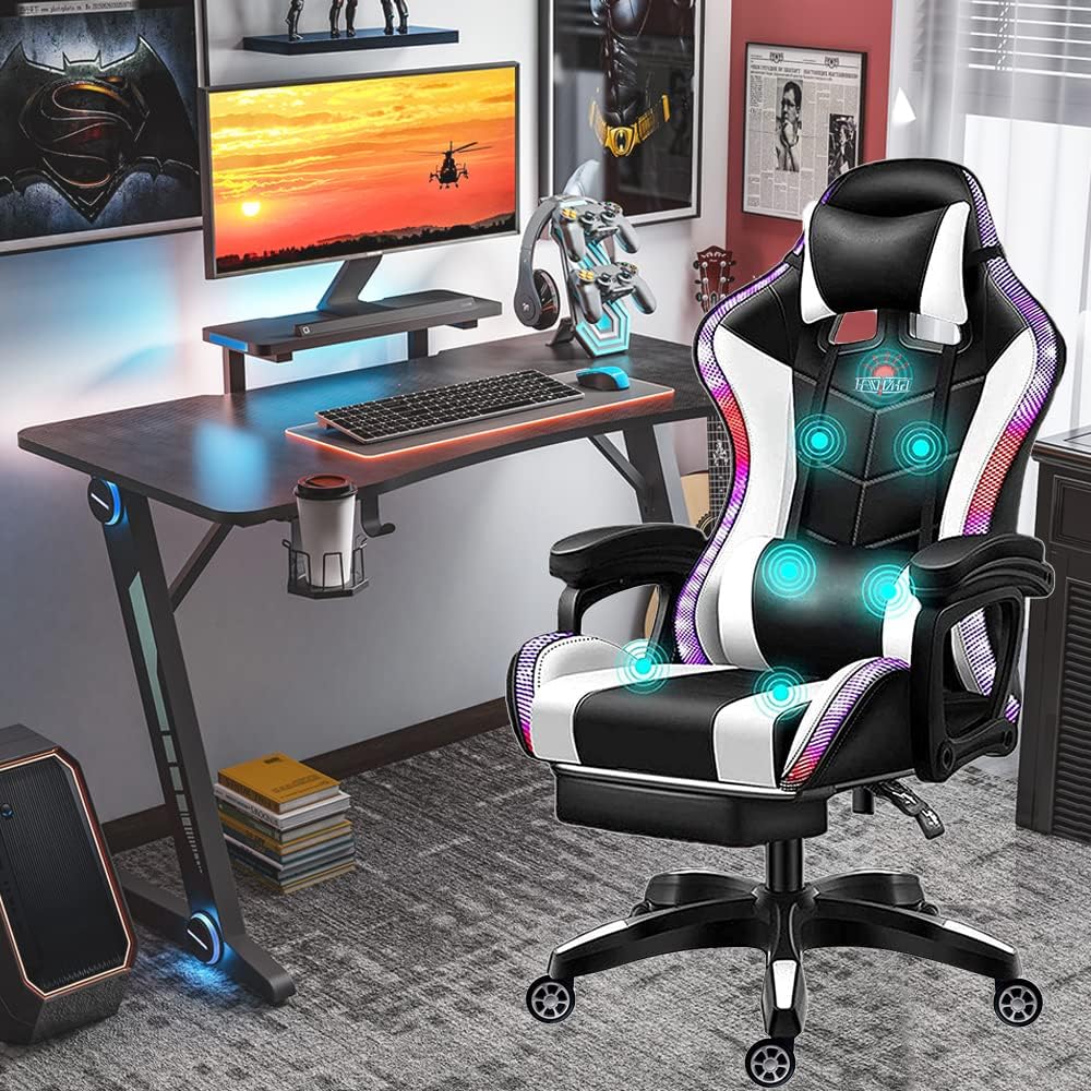 Gaming Chair with LED Light/Pro Gaming Chair with Bluetooth Speakers, Full Massage Lumbar Support and Backrest Adjustable Ergonomic Computer Gaming Chairs with Retractible Footrest,White