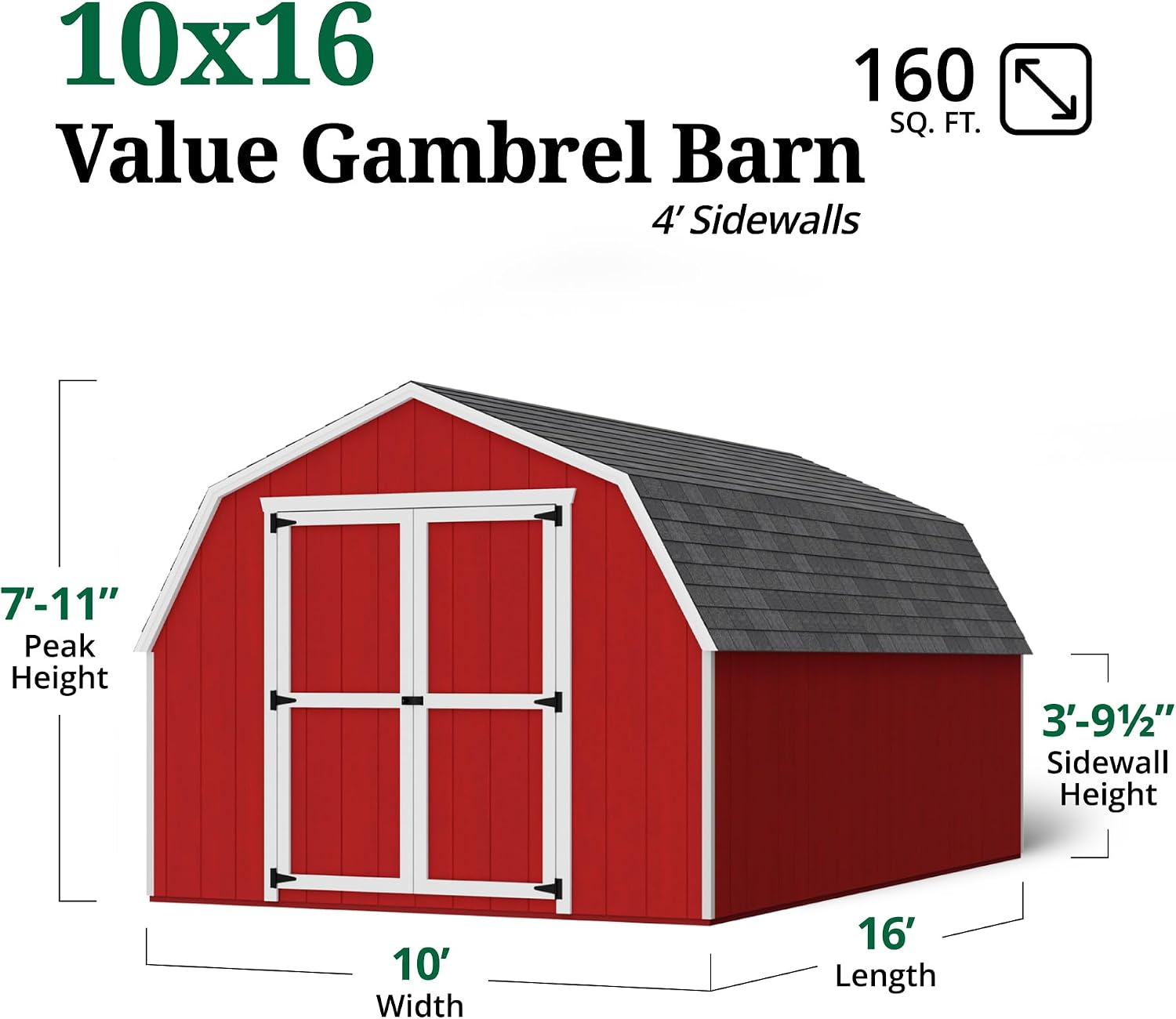 Little Cottage Co. 10x16 Value Gambrel Barn with 4 ft. Sidewalls with Floor, Outdoor Wood Storage Shed Do-It-Yourself Precut Kit