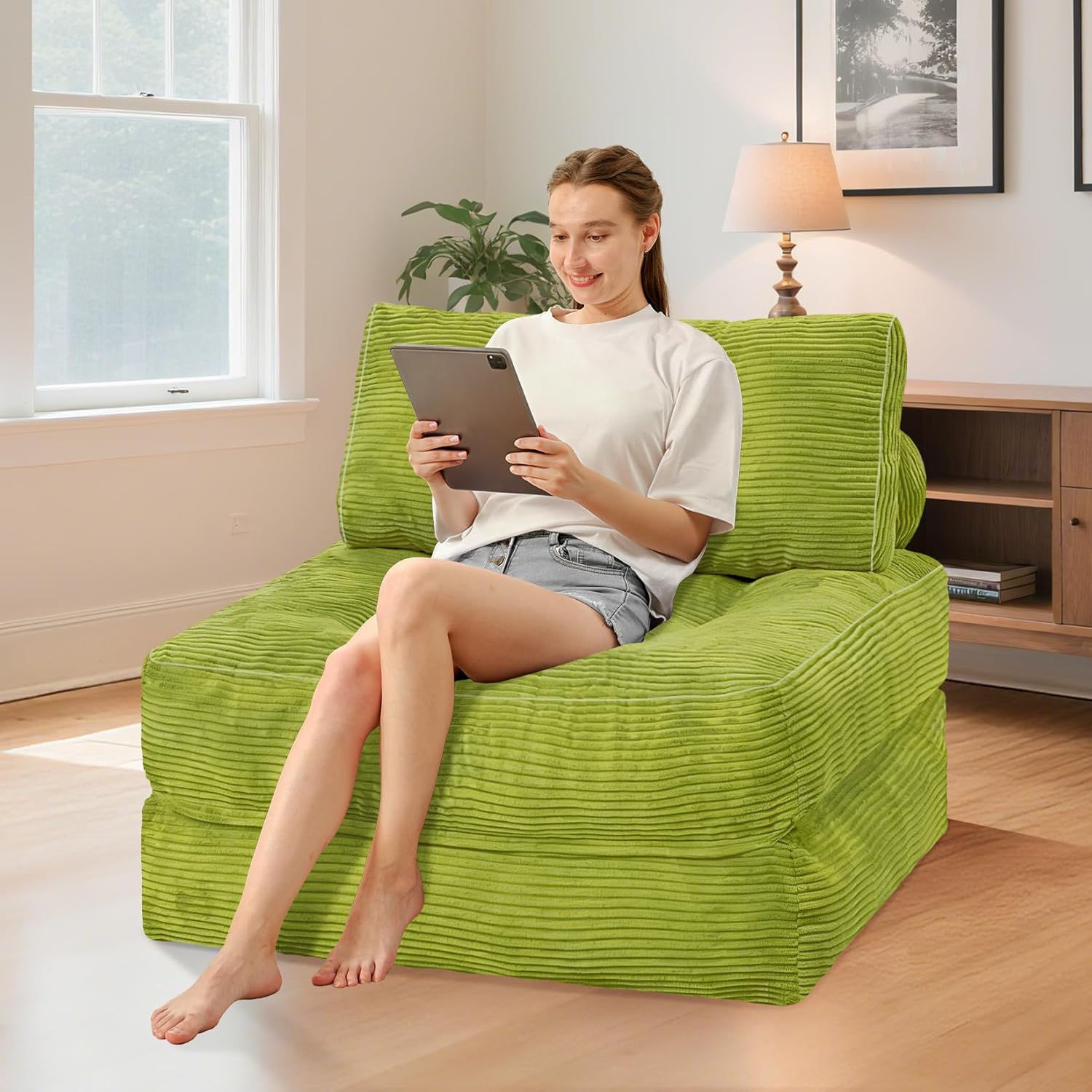 HABUTWAY Folding Sofa Bed, Convertible Sleeper Chair Bed w/Dual-Pillow & Handle, Foldable Floor Sofa Lounge w/Back Support for Living Room, Bedroom, Apartment, Office, Single, Green