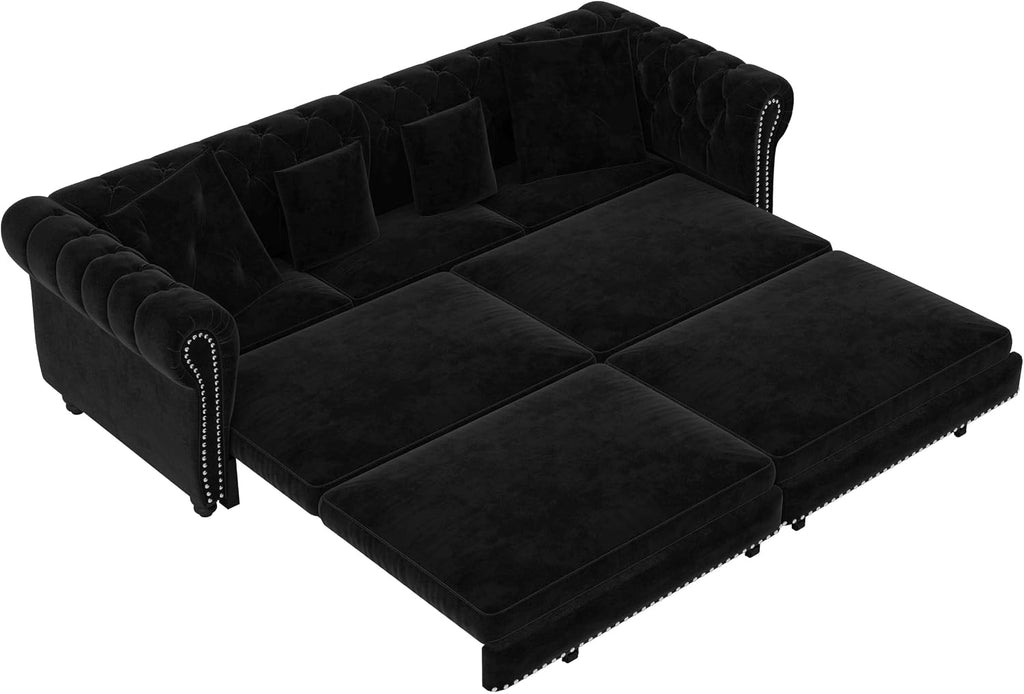 89' King Pull Out Sofa Bed, Velvet Chesterfield Sleeper Sofa Couch, 3 in 1 Convertible Tufted Futon Couches with Ottoman for Living Room, Small Space, Apartment, Office, Bedroom, Black