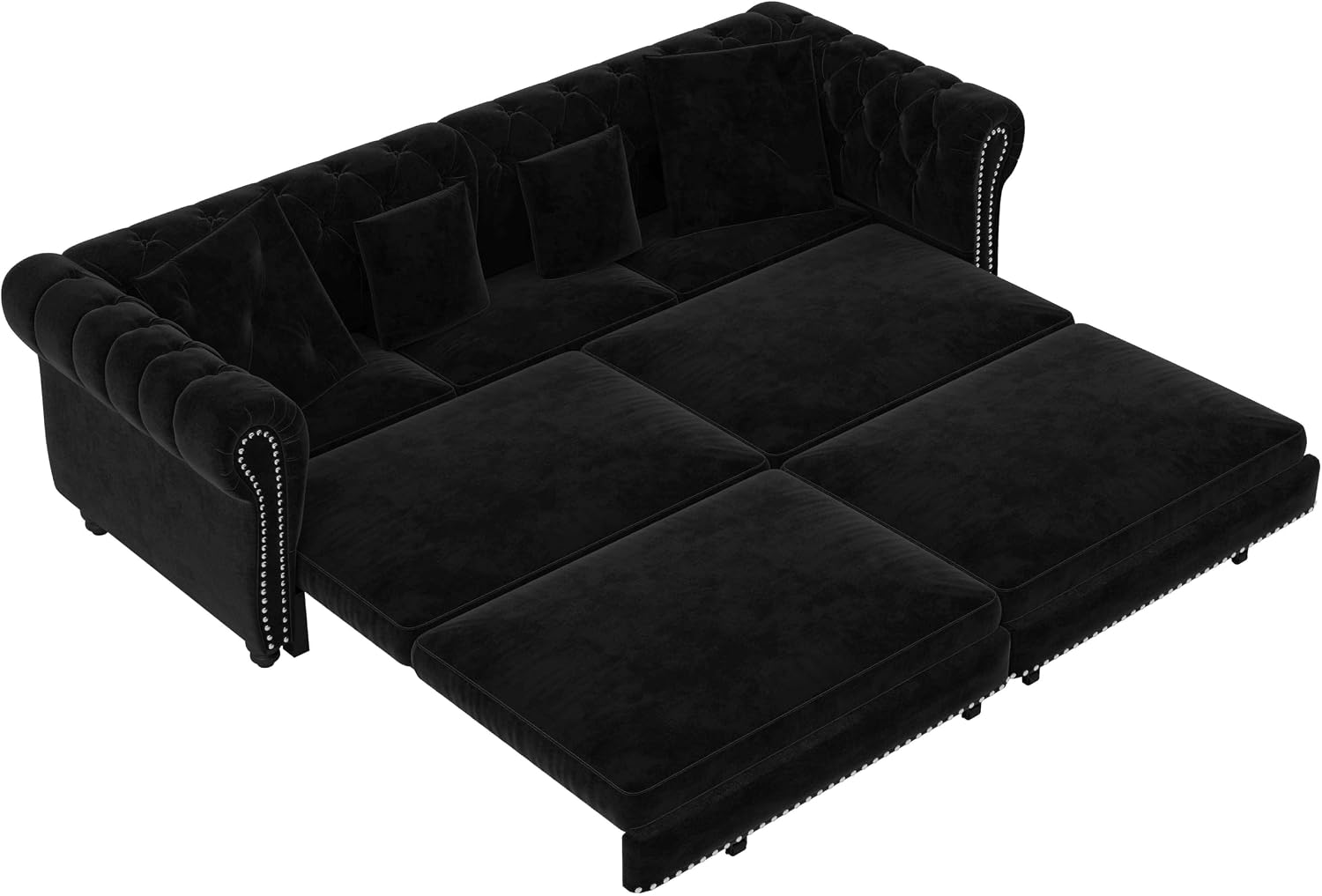 89' King Pull Out Sofa Bed, Velvet Chesterfield Sleeper Sofa Couch, 3 in 1 Convertible Tufted Futon Couches with Ottoman for Living Room, Small Space, Apartment, Office, Bedroom, Black