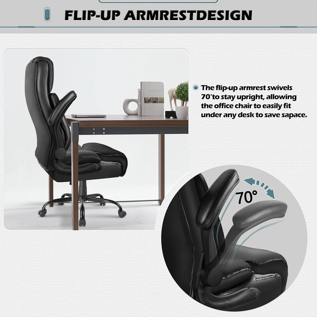 LEMBERI High Back Executive Office Chair for Adult, Big and Tall Leather Home Desk Chairs with Padded Flip-up Arms, Swivel Rolling Computer Gaming Chair (Black)
