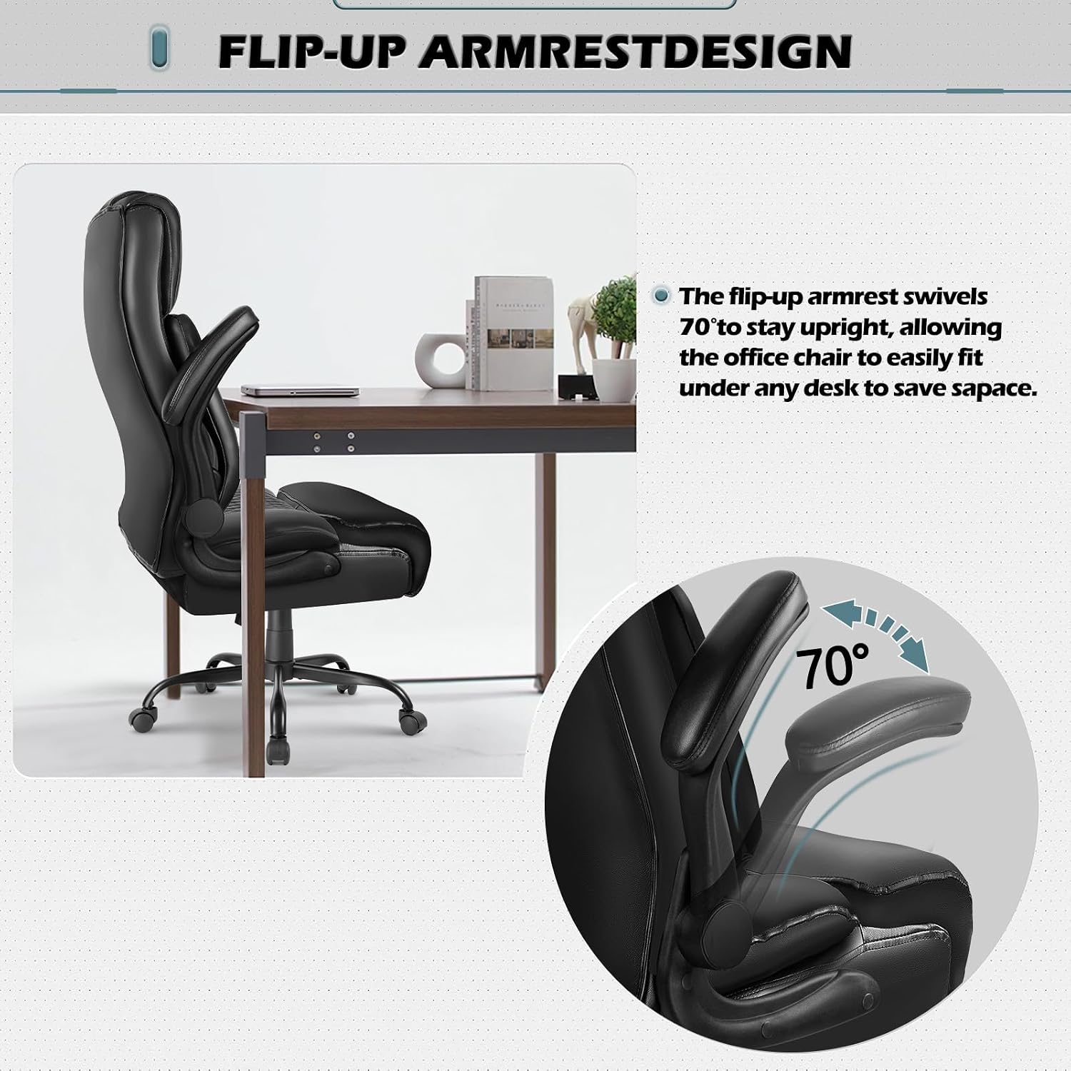 LEMBERI High Back Executive Office Chair for Adult, Big and Tall Leather Home Desk Chairs with Padded Flip-up Arms, Swivel Rolling Computer Gaming Chair (Black)
