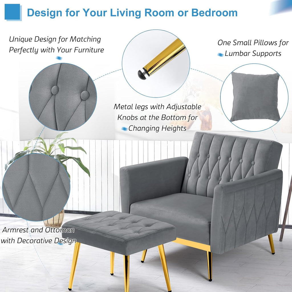 2 Pieces Velvet Sofa Set with Adjustable Armrest and Backrest, 70' Convertible Futon Sofa Bed & Mordern Accent Chair with Ottoman for Living Room, Bedroom, Grey