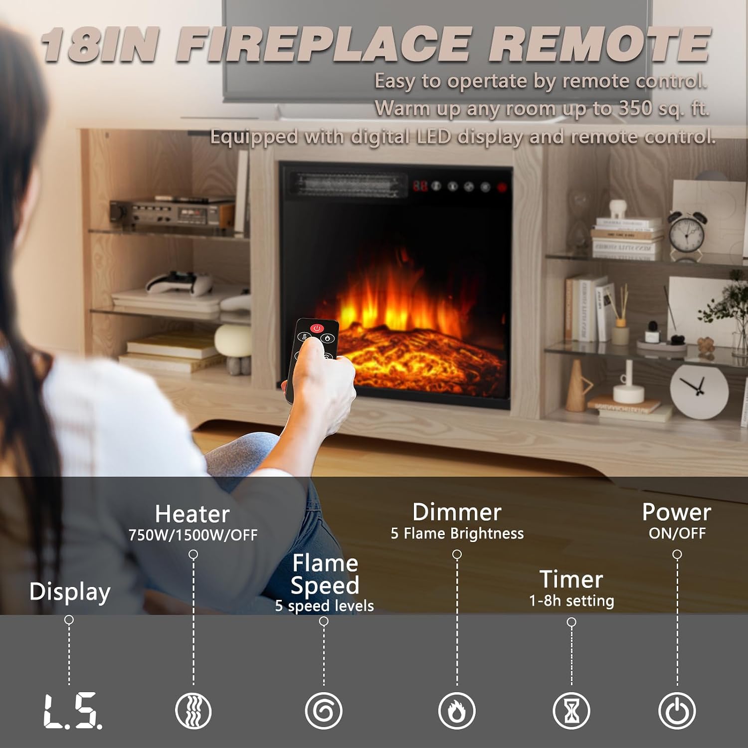 LEMBERI 58 Inches Fireplace TV Stand for TVs up to 65 Inches Console with 18'' Electric Fireplace & Remote, Wooden Modern Entertainment Center for Living Room with LED Light Glass Shelves (Beige)