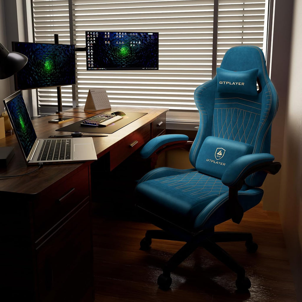 GTPLAYER ACE-PRO Music Gaming Chairs – Built-in Speakers, App Support & Bluetooth Control, Computer Game Chairs with Footrest for Adults, Ergonomic Reclining Silla, Linkage Armrest, Blue 【Velvet】