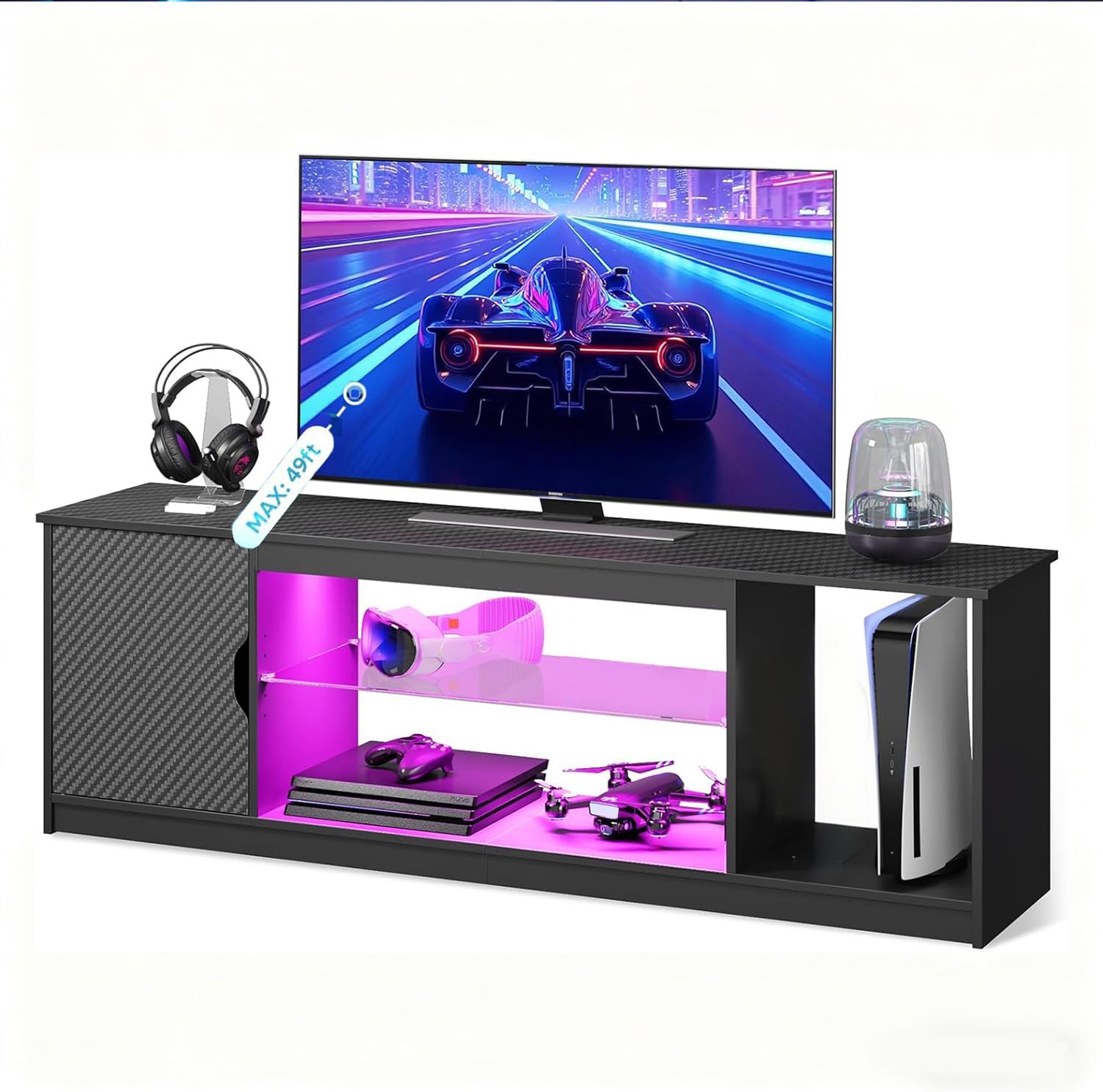 Bestier 57' LED TV Stand for 55/60/65 Inch TVs - Gaming Entertainment Center with RGB Lights, Adjustable Glass Shelves & Cabinet for PS5/Xbox, Modern Black TV Console for Living Room