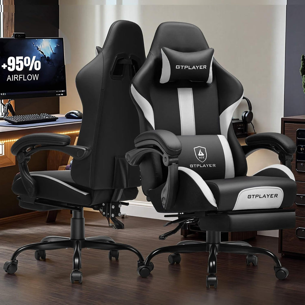 GTPLAYER Gaming Chair with Pocket Spring Cushion, Leather Office Chair with Ergonomic High Back & Lumbar Support for Back Pain Relief, Computer Game Chair for Adults, White/Black