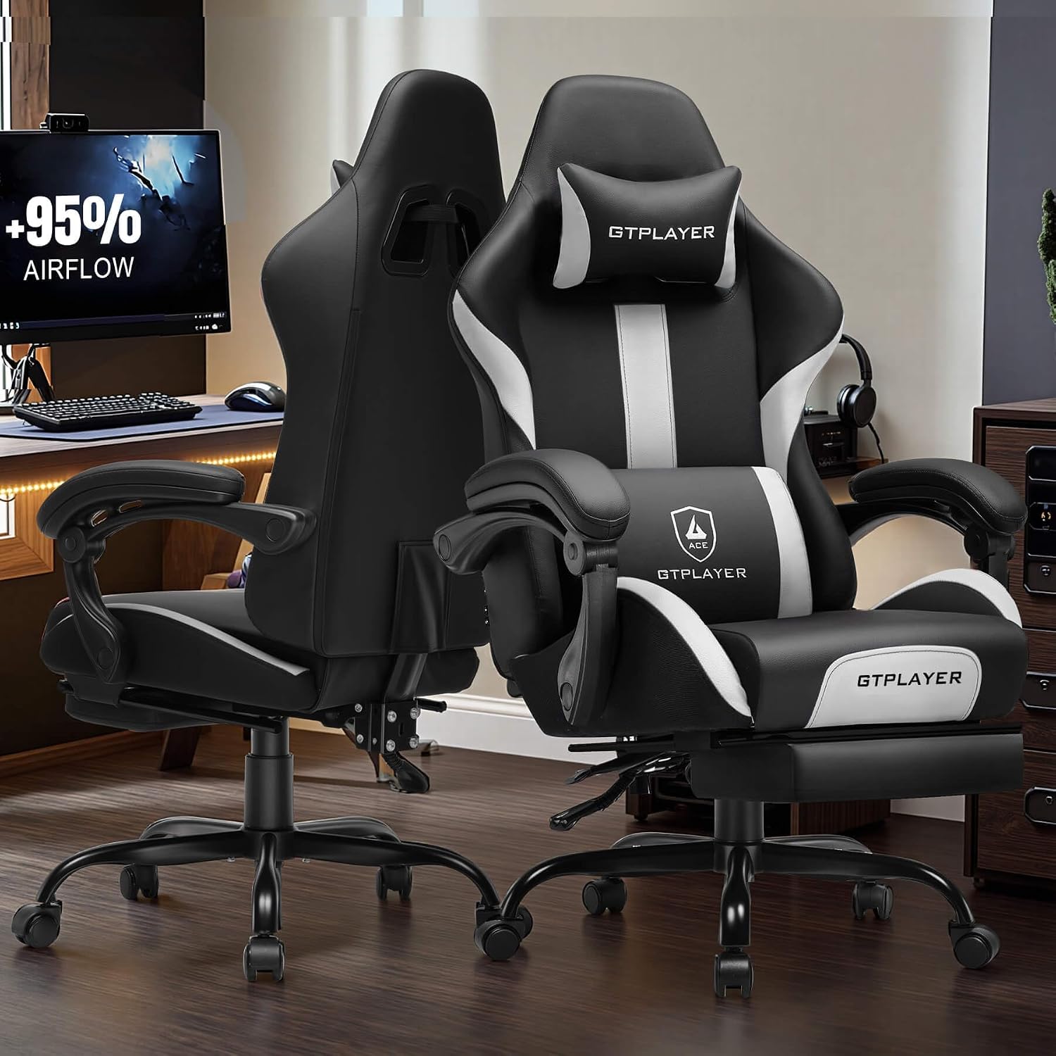 GTPLAYER Gaming Chair with Pocket Spring Cushion, Leather Office Chair with Ergonomic High Back & Lumbar Support for Back Pain Relief, Computer Game Chair for Adults, White/Black