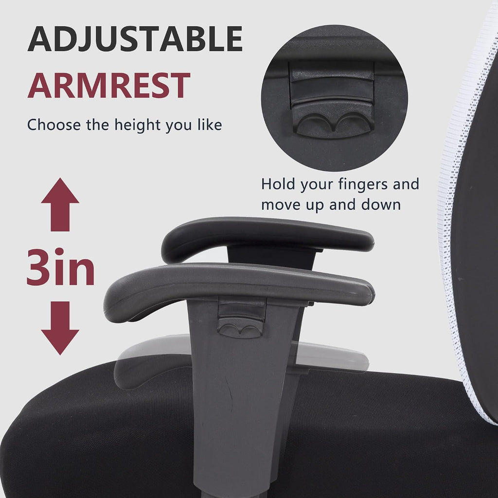 Big and Tall Office Chair 400lbs Desk Chair Mesh Computer Chair with Lumbar Support Wide Seat Adjust Arms Rolling Swivel High Back Task Executive Ergonomic Chair for Home Office (White)