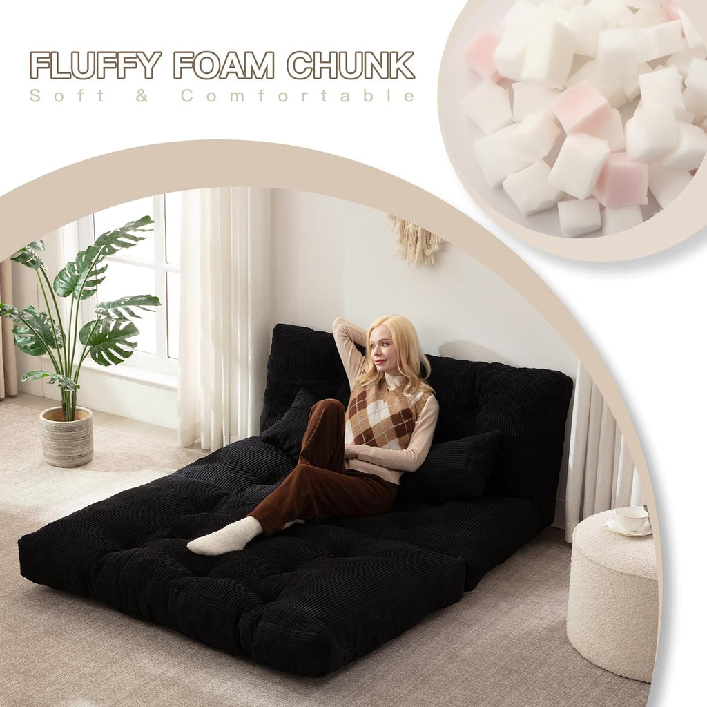 Folding Sofa Bed, Convertible Sleeper Chair with Pillow Foldable Mattress with Back Support, Portable Fold Out Chair Bed Comfy Floor Sofa Lounge for Living Room Bedroom, Black Full 80x54 Inch