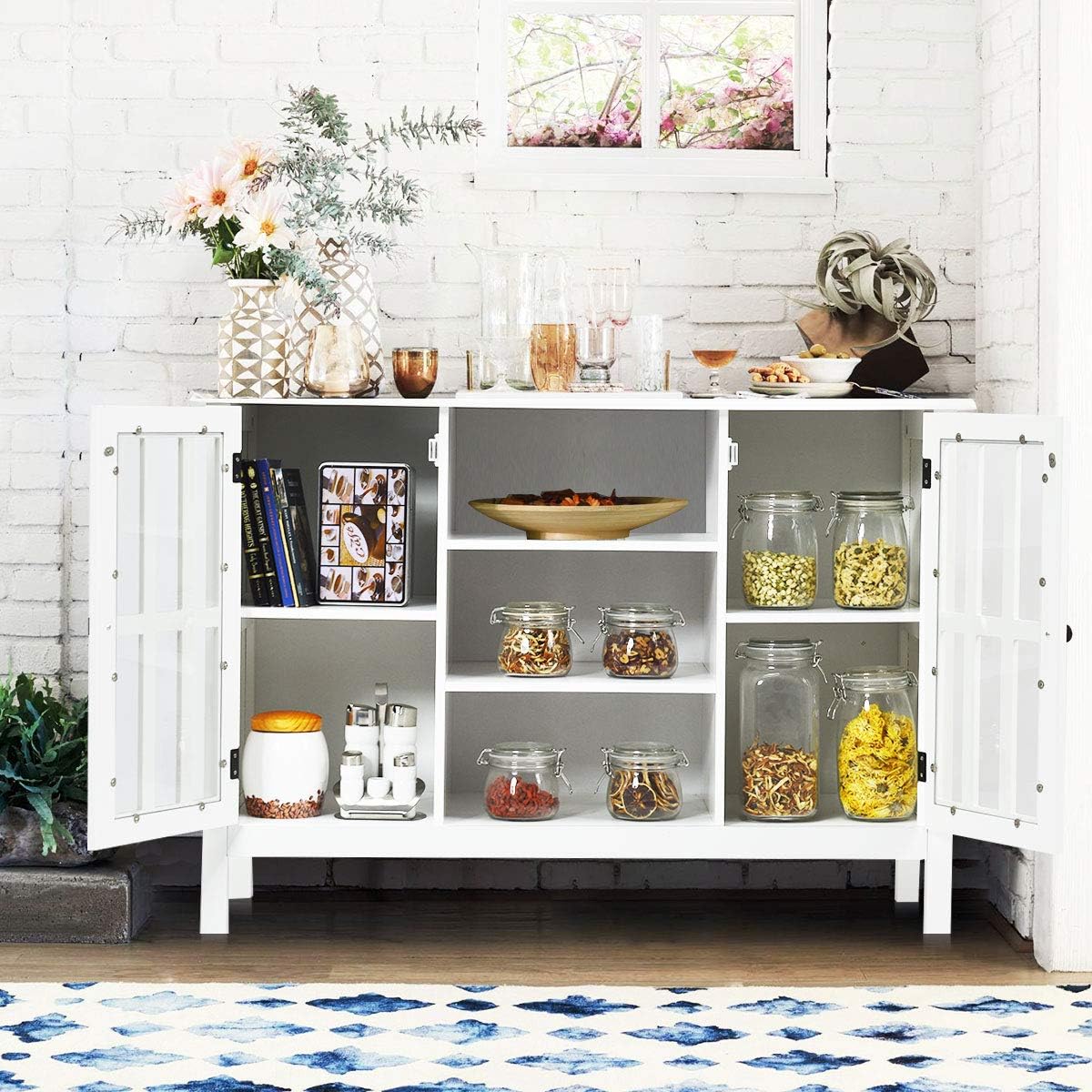 Tangkula White TV Stand, Modern Tall Entertainment Center for TVs up to 50', Media Console w/2 Storage Cabinets & 3 Open Shelves, Wire Hole, Wood TV Console Table for Living Room, White
