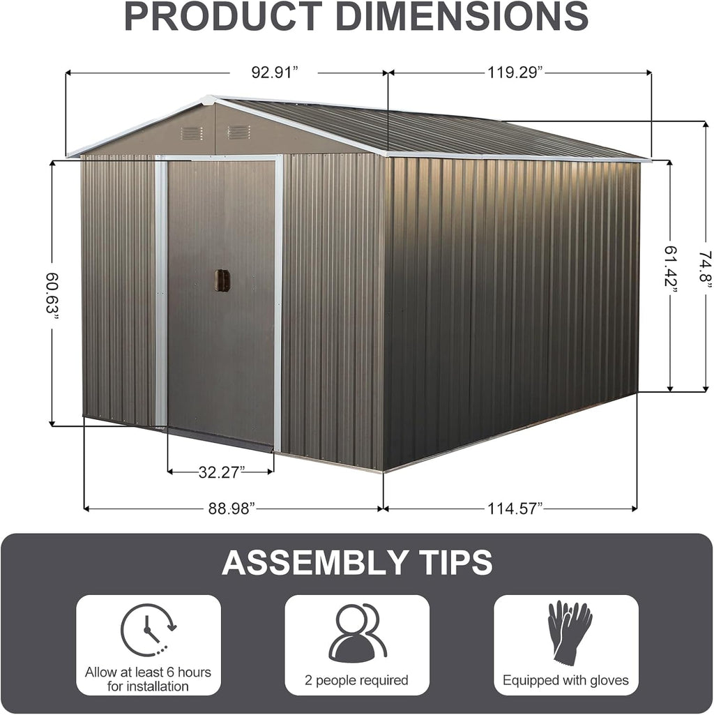 KEIKI 8x10 FT Outdoor Metal Storage Shed with Peaked Roof,Vents and Lockable Door for Garden Yard Lawn