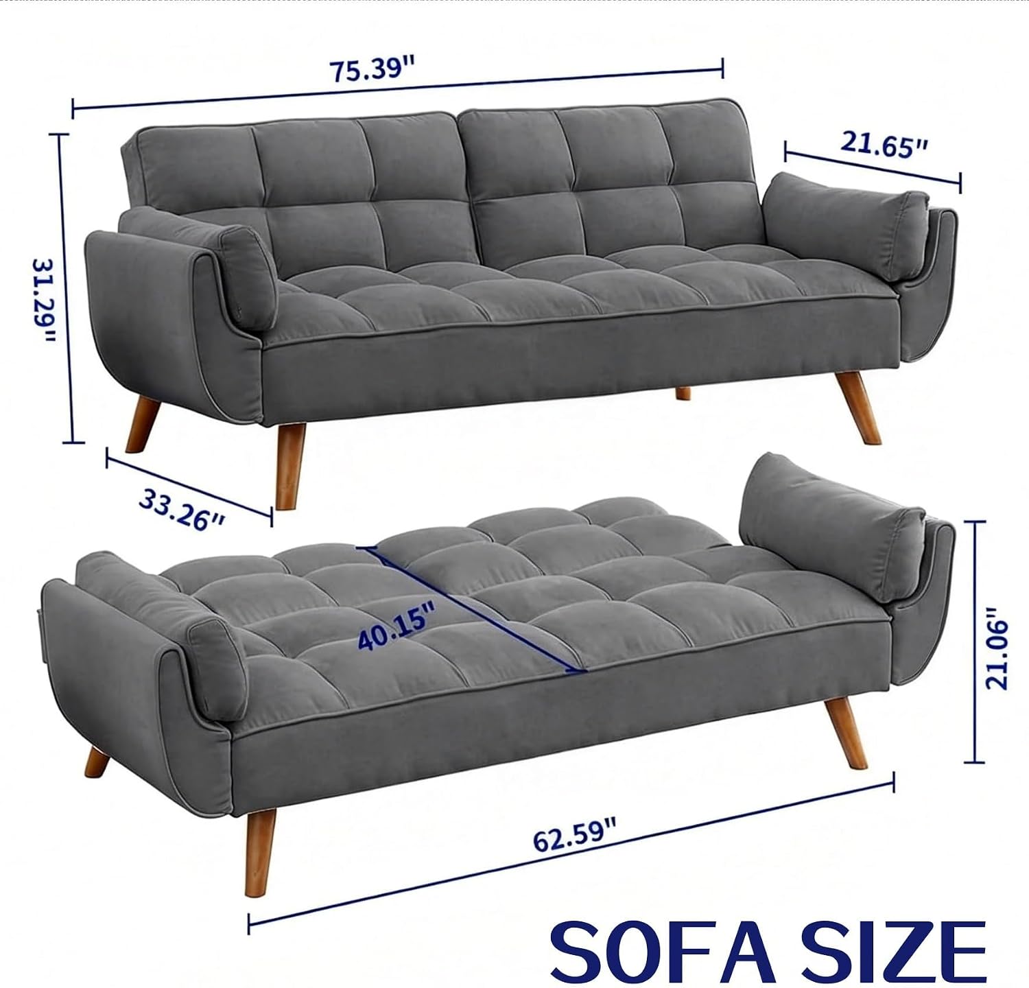 Convertible Futon Sofa Bed, Modern Futon Couch with 2 Pillows, Small Futons Couch with Adjustable Armrest & Backrest, Loveseat Sofa Bed for Living Room, Bedroom, Dark Gray
