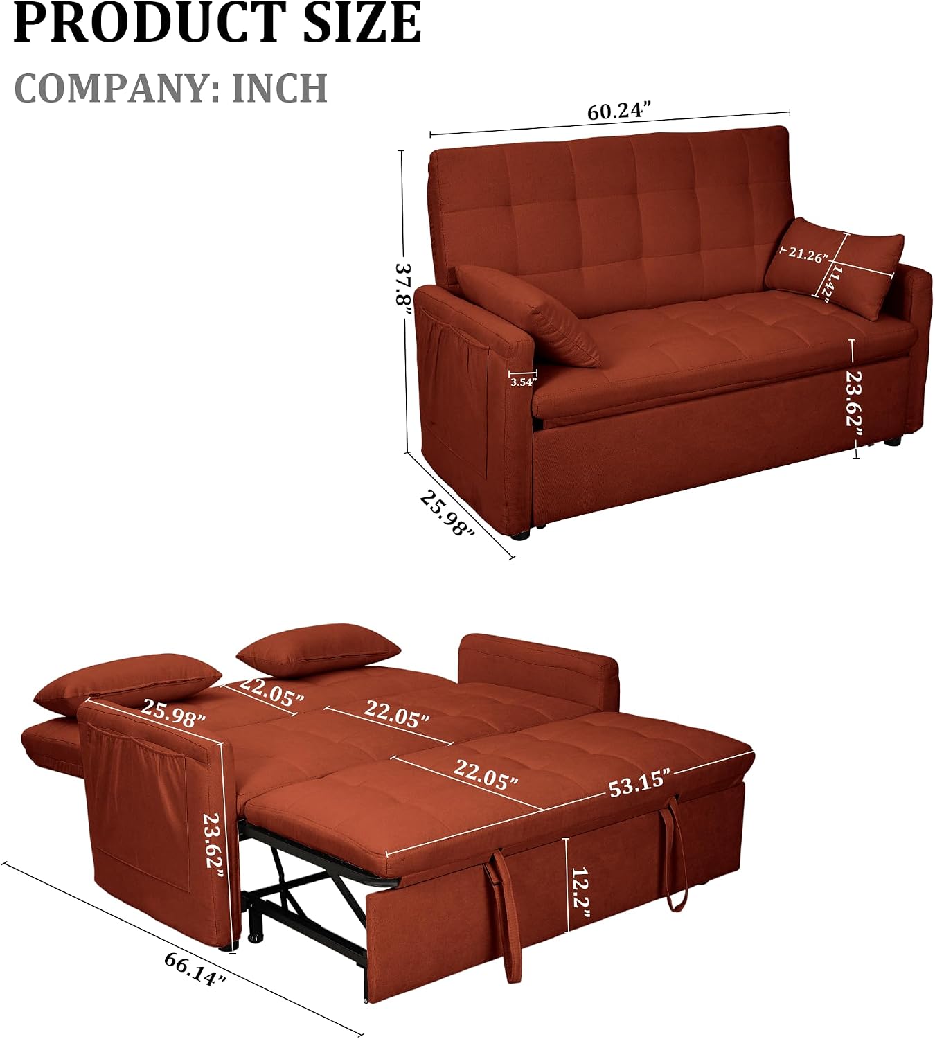 Oversized 3-in-1 Convertible Sleeper Sofa Bed, Futon Couch with Pullout Bed, 2-Seater Loveseat Sofa w/Pockets, Adjustable Backrest and Pillows for Living Room Apartment (Orange-Button Tufted)