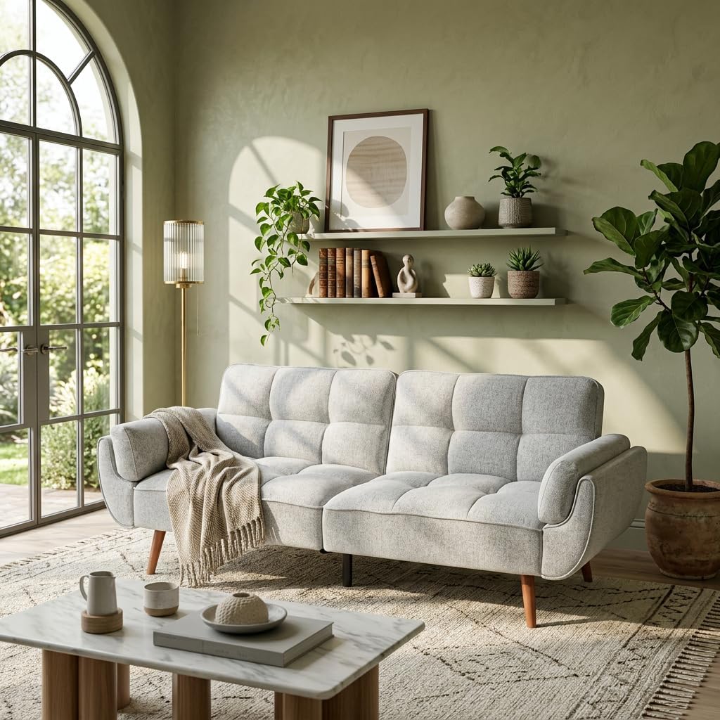 Convertible Futon Sofa Bed, Modern Futon Couch with 2 Pillows, Small Futons Couch with Adjustable Armrest & Backrest, Loveseat Sofa Bed for Living Room, Bedroom, Gray