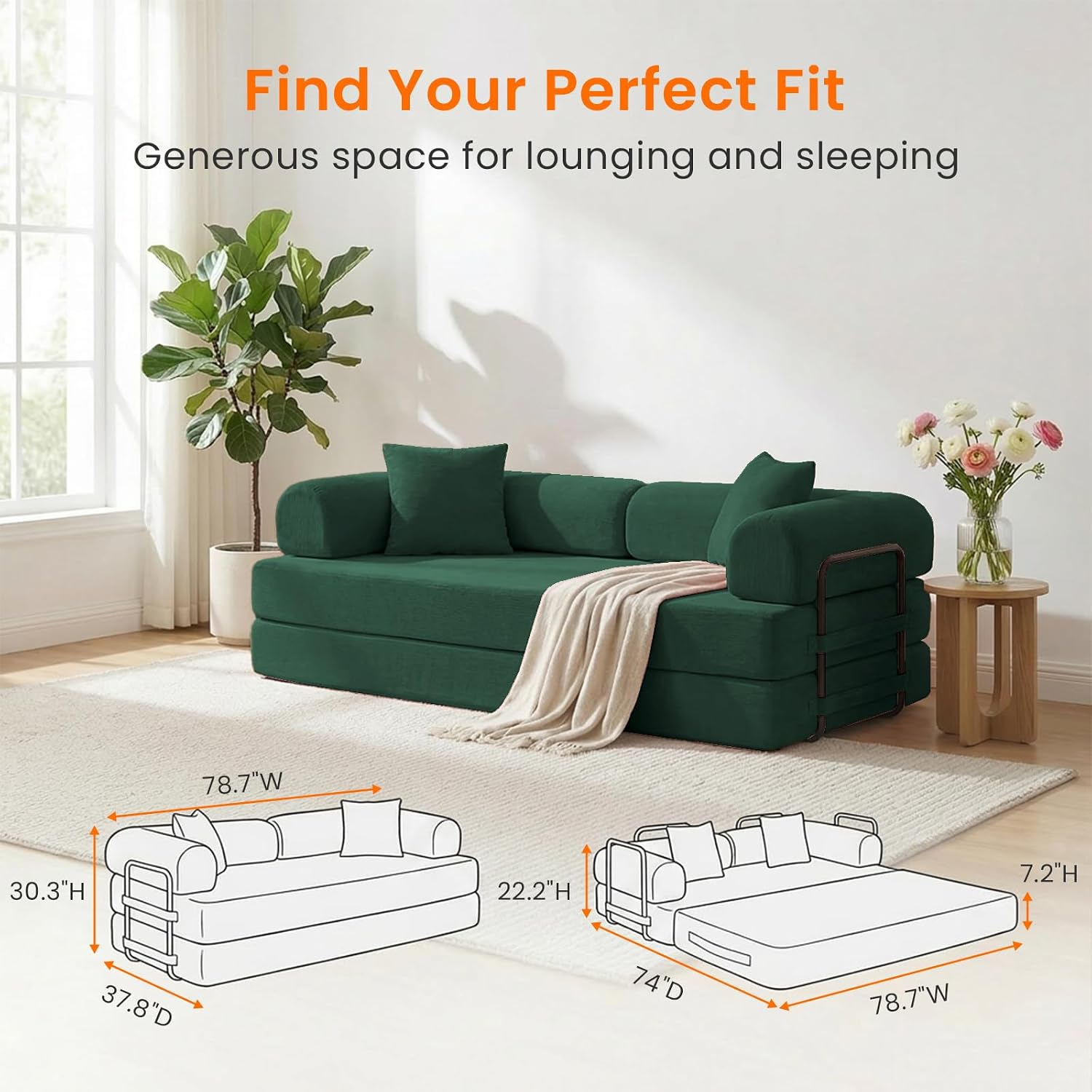 ijuicy 4-in-1 King Convertible Floor Sofa Bed w/ 2 Pillow,Modular Sleeper Sofa/Folding Futon Couch Bed w/Cylindrical Backrest and Fixed Frame,Lounge Couch,Corduroy Compression Sofas for Home-Green
