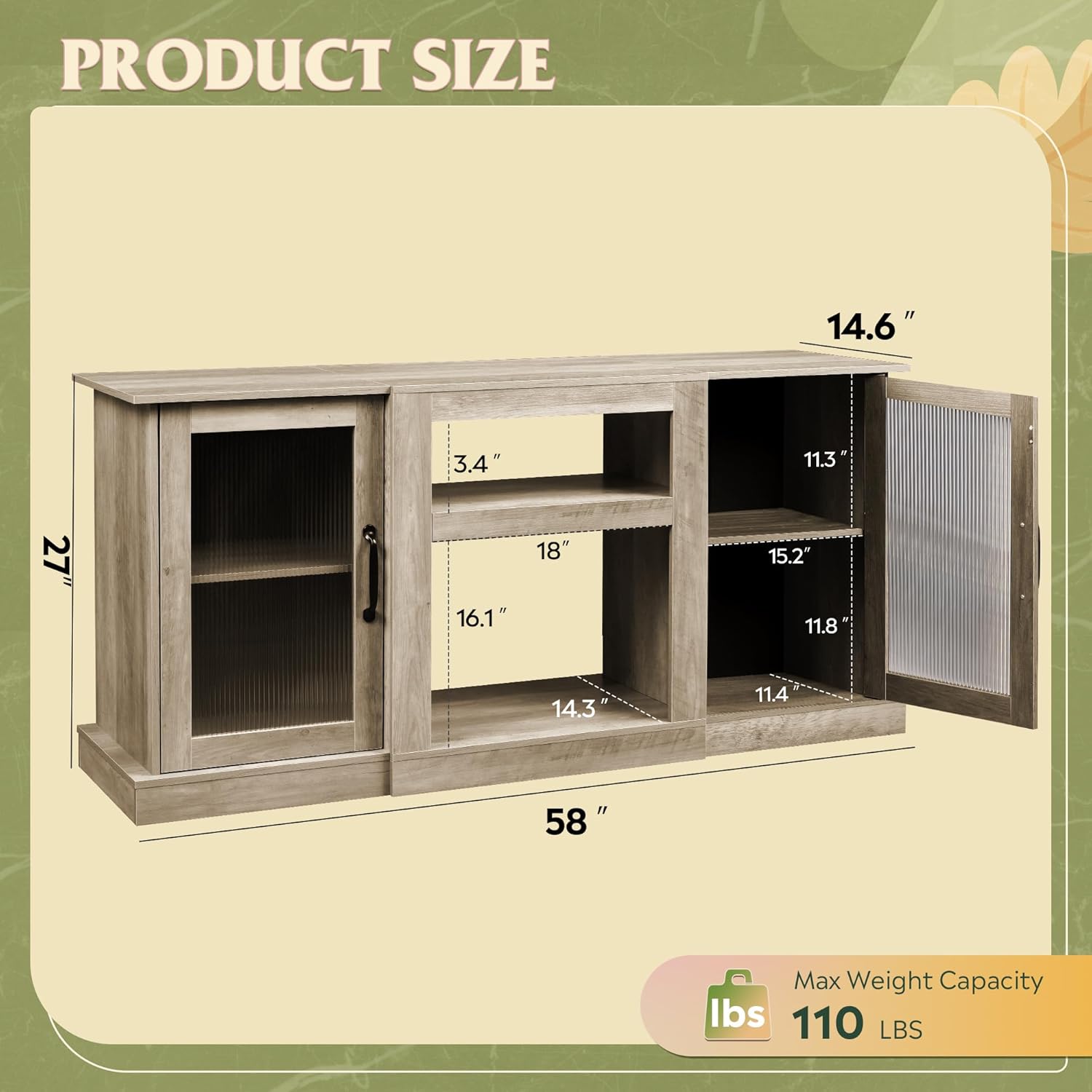 WLIVE Farmhouse TV Stand for 65 inch TV, 58' Entertainment Center with Storage Cabinets, Open Shelves TV Console for Living Room and Bedroom, Greige