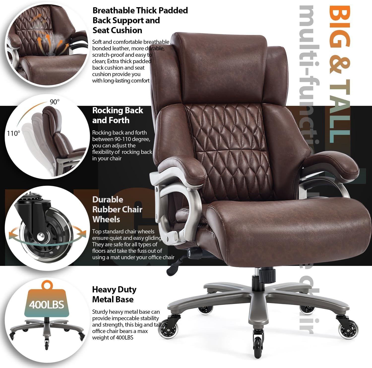 Big and Tall 400lbs Office Chair - Adjustable Lumbar Support Quiet Rubber Wheels Heavy Duty Metal Base, High Back Large Executive Computer Desk, Thick Padded Ergonomic Design for Back Pain