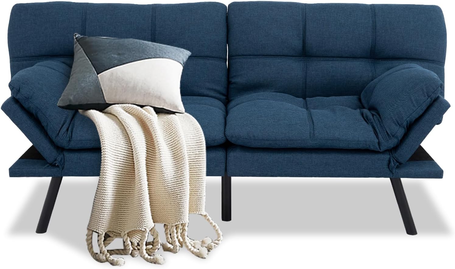 MUUEGM Futon Sofa Bed Couch Sofa, Memory Foam Futon Sleeper Sofa Loveseat Convertible Couch Bed for Small Compact Spaces, Apartment, Blue.