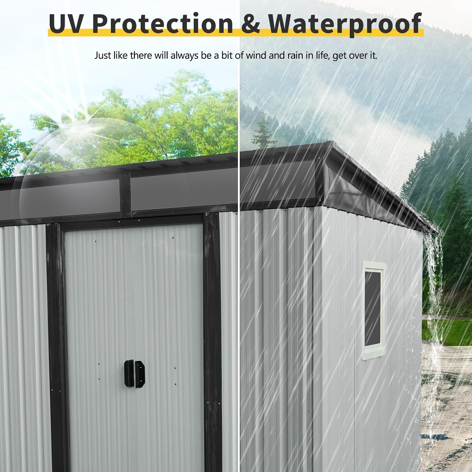 6x5 ft Outdoor Metal Storage Shed with Floor Floor and Window, Lockable Galvanized Steel Tool Shed with Sliding Door, Air Vent and Transparent Plate, Waterproof Garden Storage House for Backyard