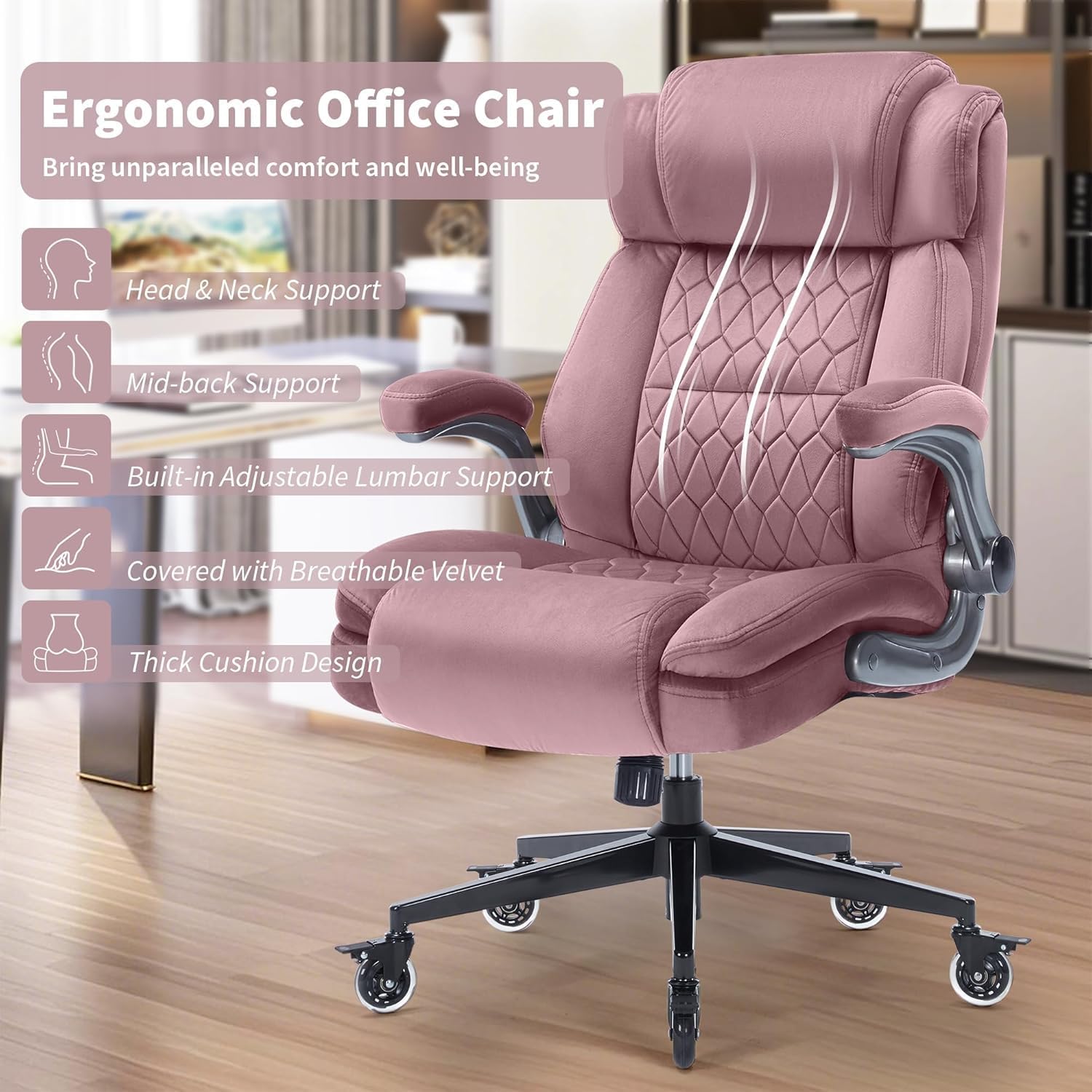 Office Chair with Locking Wheels, Ergonomic High Back Fabric Desk Chair with Adjustable Lumbar Support, Flip-Up Arms, Thick Padded Seat, 400lbs Heavy Duty for Home Office Adults