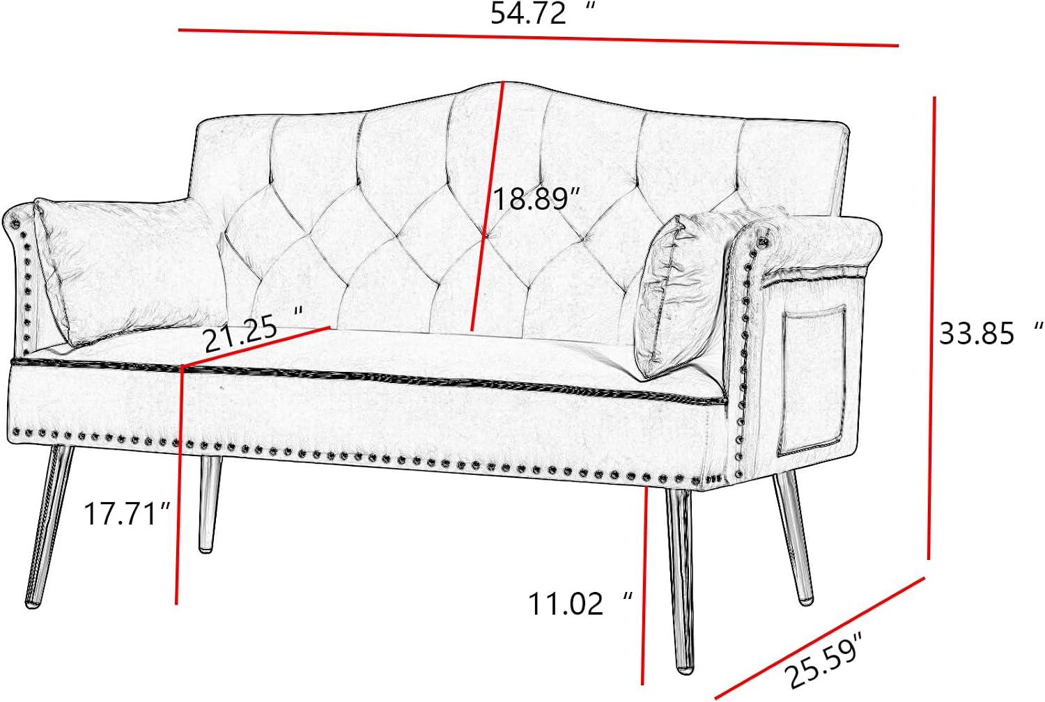 hansones 55-Inch Modern Velvet Loveseat Sofa with Gold Metal Legs & Side Pockets, Tufted Backrest, Perfect for Living Room, Bedroom, or Office (Black)