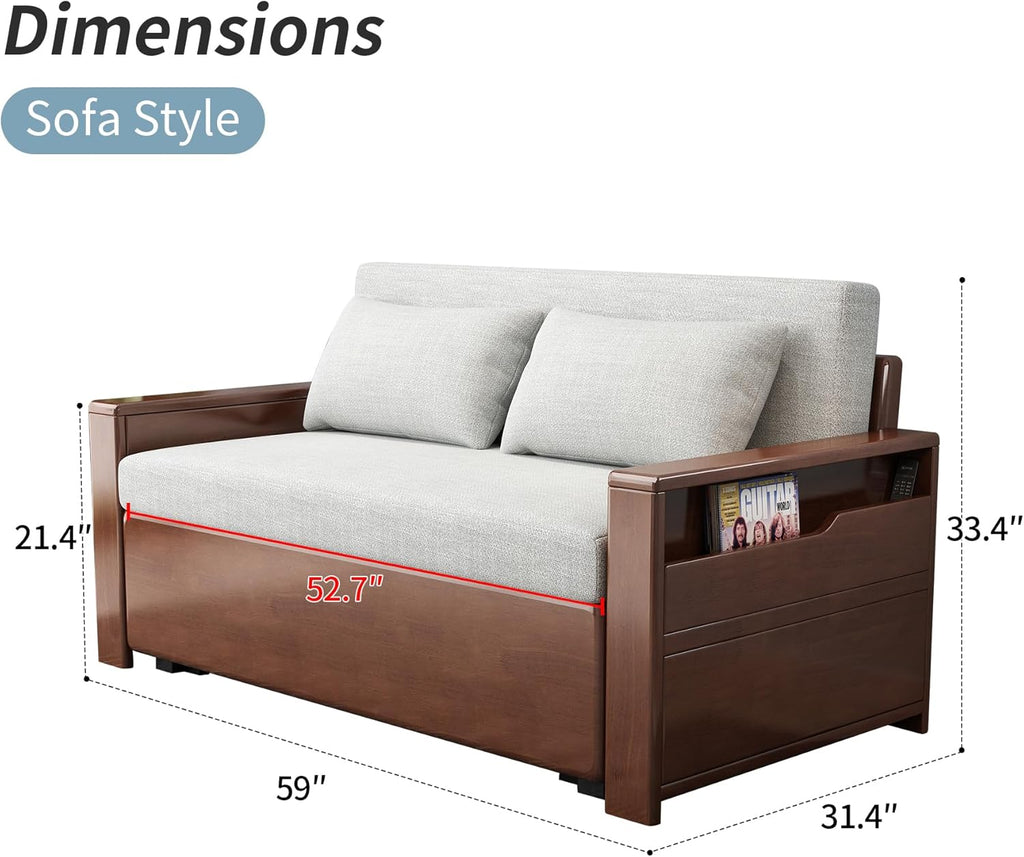 59' convertible sofa sleeper with storage,grey soft cushion sectional sleeper sofa with reversible chaise,walnut color wood sofa bed 3 in 1 pull out couch bed for livingroom,apartment,bedroom,office