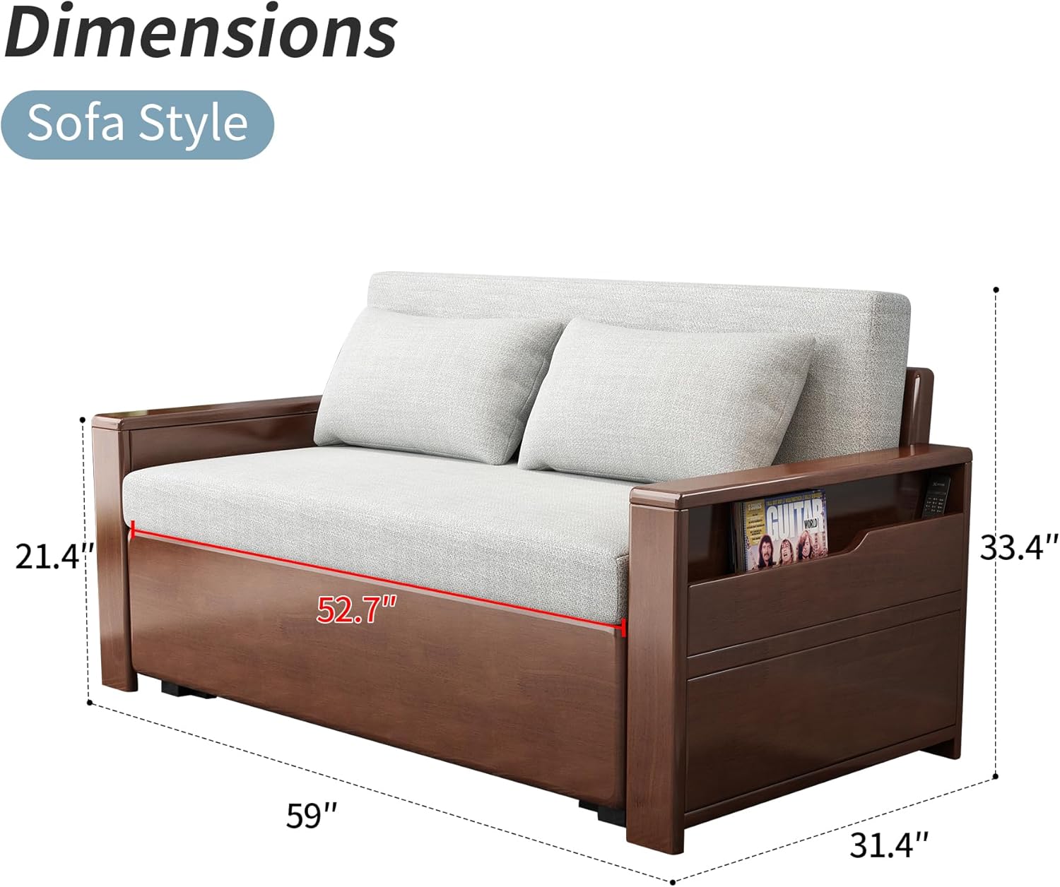 59' convertible sofa sleeper with storage,grey soft cushion sectional sleeper sofa with reversible chaise,walnut color wood sofa bed 3 in 1 pull out couch bed for livingroom,apartment,bedroom,office