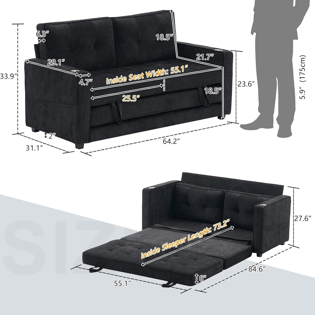VINGLI Upgraded 64' W 84' L Full Size Futon Sofa Bed, 6' Thick Upholstery Chenille Loveseat Sofa Sleeper Pull Out Couch,Convertible Floor Couch for Living Room, Bedroom, Entertainment Room, Black