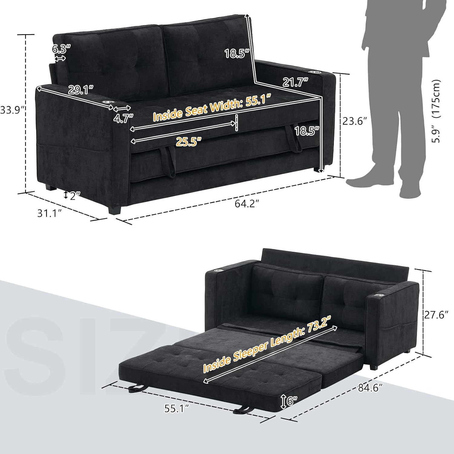 VINGLI Upgraded 64' W 84' L Full Size Futon Sofa Bed, 6' Thick Upholstery Chenille Loveseat Sofa Sleeper Pull Out Couch,Convertible Floor Couch for Living Room, Bedroom, Entertainment Room, Black