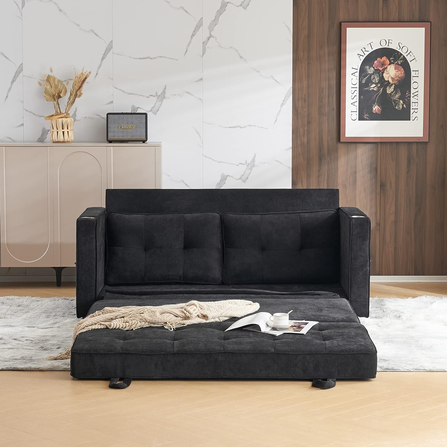 VINGLI Upgraded 64' W 84' L Full Size Futon Sofa Bed, 6' Thick Upholstery Chenille Loveseat Sofa Sleeper Pull Out Couch,Convertible Floor Couch for Living Room, Bedroom, Entertainment Room, Black