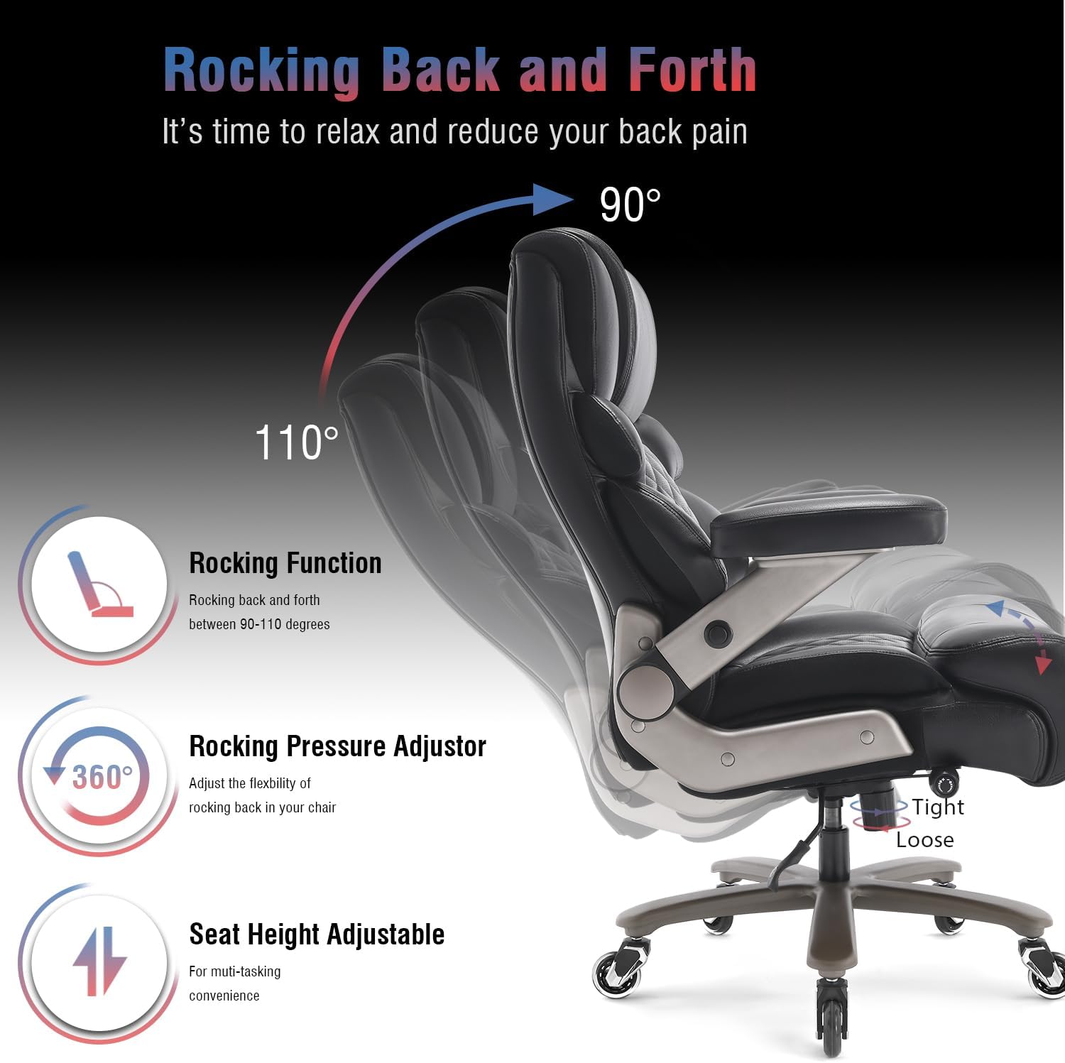 700lbs Big and Tall Office Chair - Adjustable Lumbar Support Heavy Duty Metal Base Quiet Rubber Wheels High Back Large Executive Computer Desk Swivel Chair, Ergonomic Design for Back Pain, Black