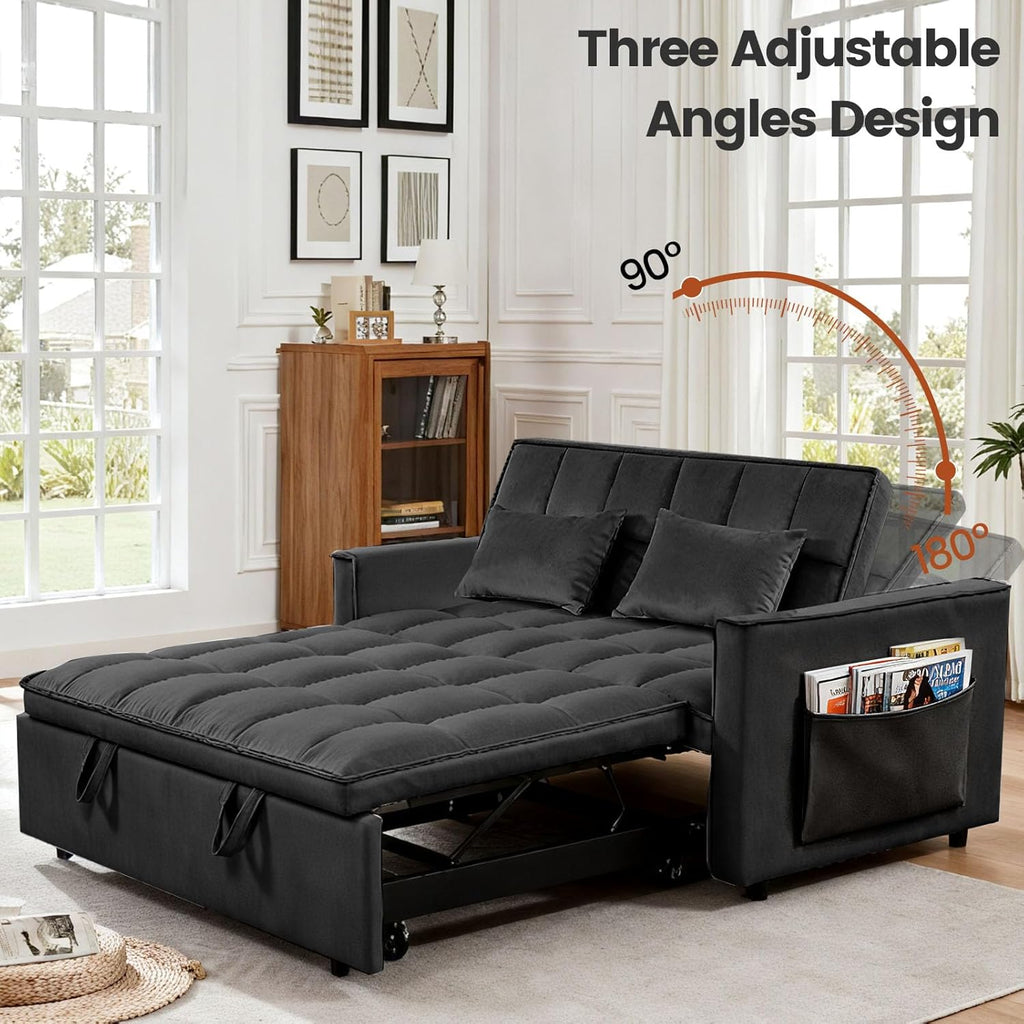 3 in 1 Convertible Sofa Bed, Love Seat Sleeper Bed with Side Pockets, Velvet Fabric Pull Out Couch with Adjustable Backrest for Living Room, Bedroom, Apartment, Black