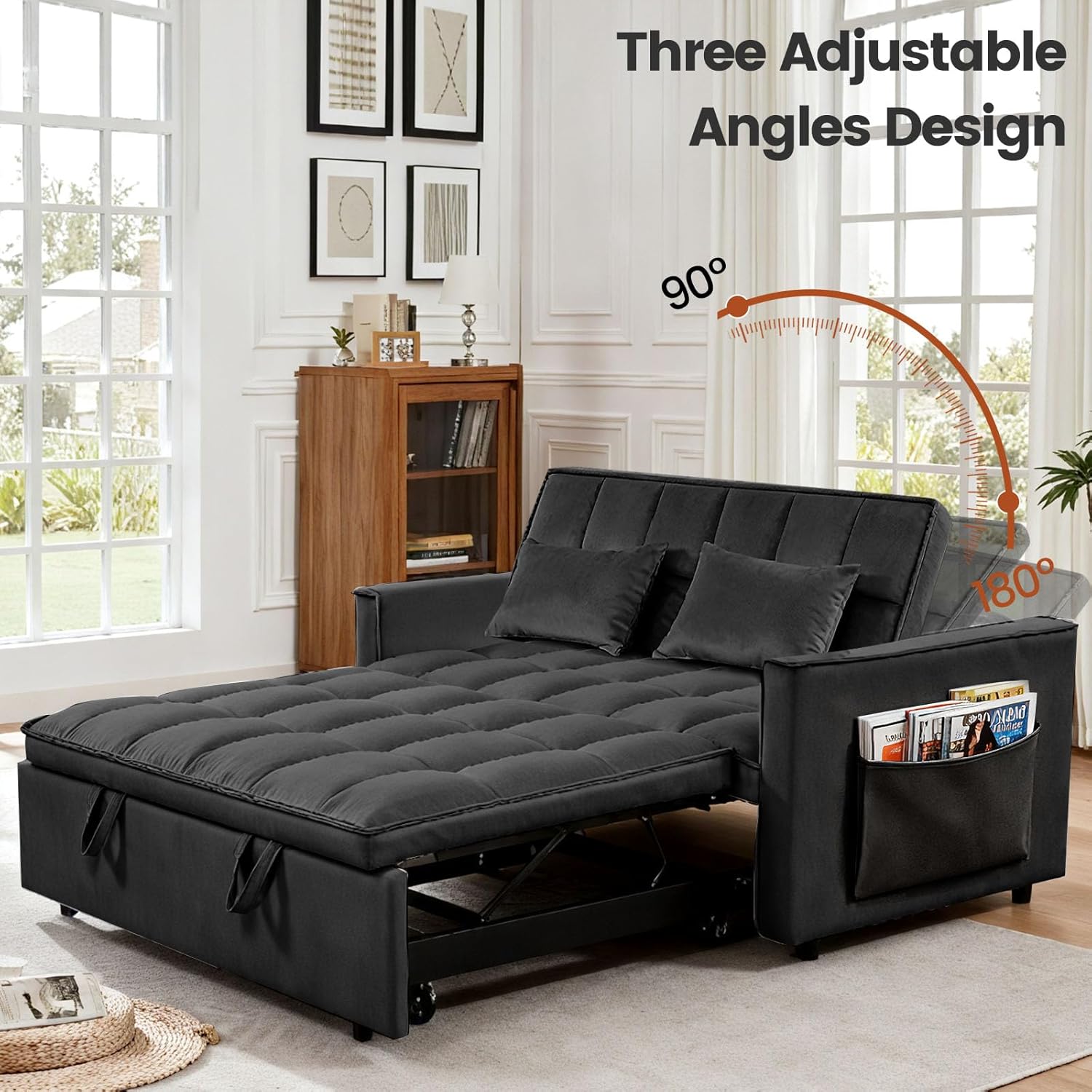 3 in 1 Sofa Bed, Loveseat Sleeper Sofa Bed with Side Pockets, Velvet Fabric Pull Out Couch with Adjustable Backrest for Living Room, Bedroom, Apartment, Black