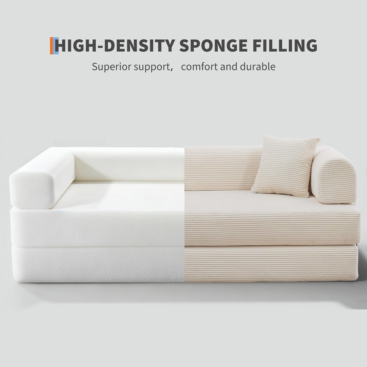 IDEALHOUSE 4 in 1 Convertible Sleeper Sofa Bed Couch, 79 Inch Boneless Corduroy Floor Couch with Pillows, No Assembly, Modern Deep Seat Sofa Futon Mattress for Living Room,Apartment,Beige